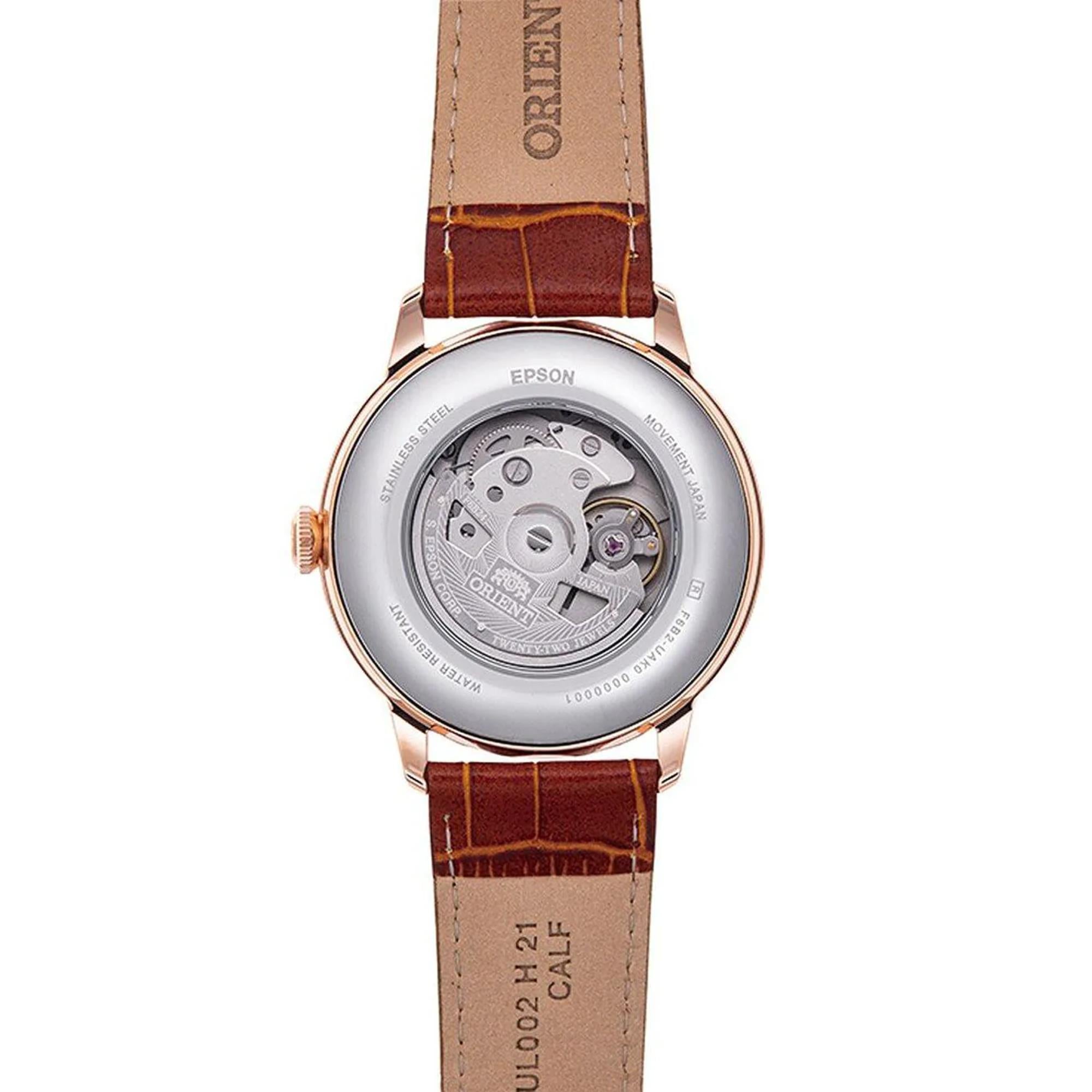 Orient Bambino 41mm Sonne & Mond Silbernes Zifferblatt Leder Automatik Herren Uhr RA-AK0801S30B