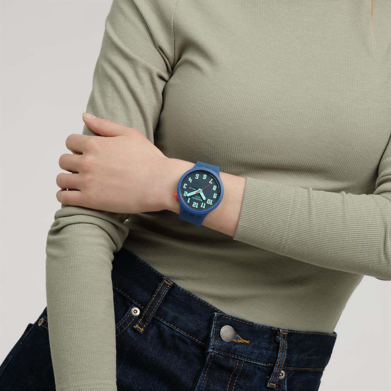 Swatch Essentially Bold Blue Dial Silicone Strap Watch SB01N700
