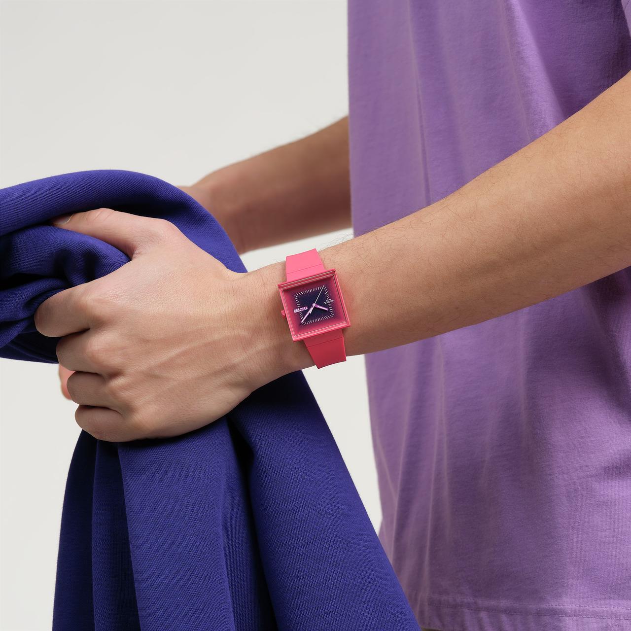 Swatch Squarely Berry Pink Dial Silicone Strap Watch SO34R700