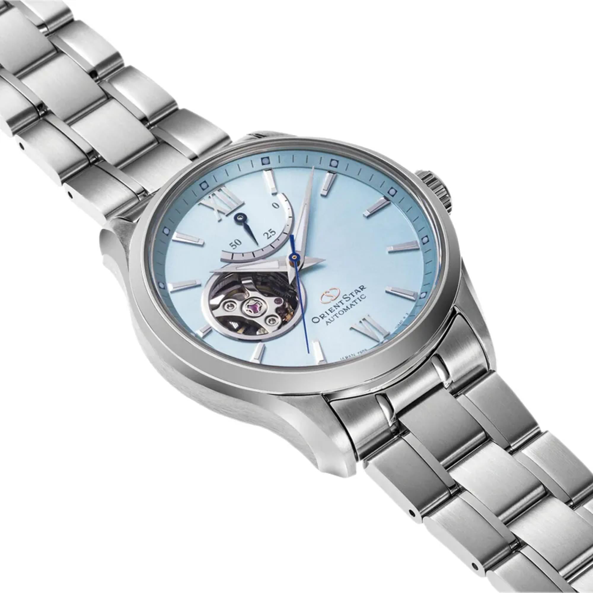 Orient Star Semi Skeleton 39mm Power Reserve Blue Dial Steel Mens Automatic Watch RE-AT0019L00B