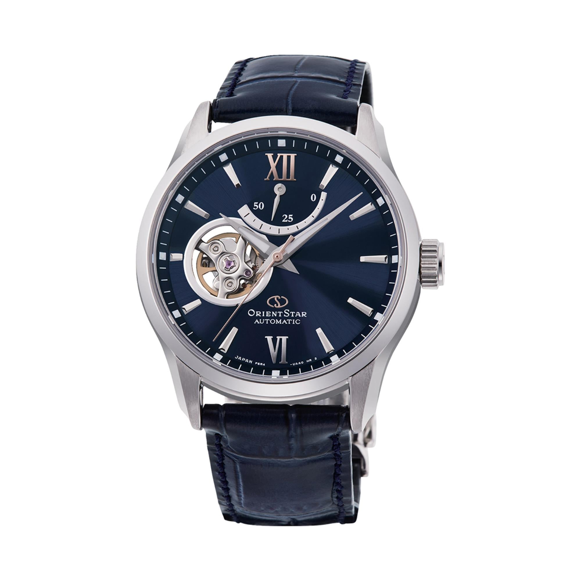 Orient Star Semi Skeleton 39mm Power Reserve Blue Dial Leather Mens Automatic Watch RE-AT0006L00B