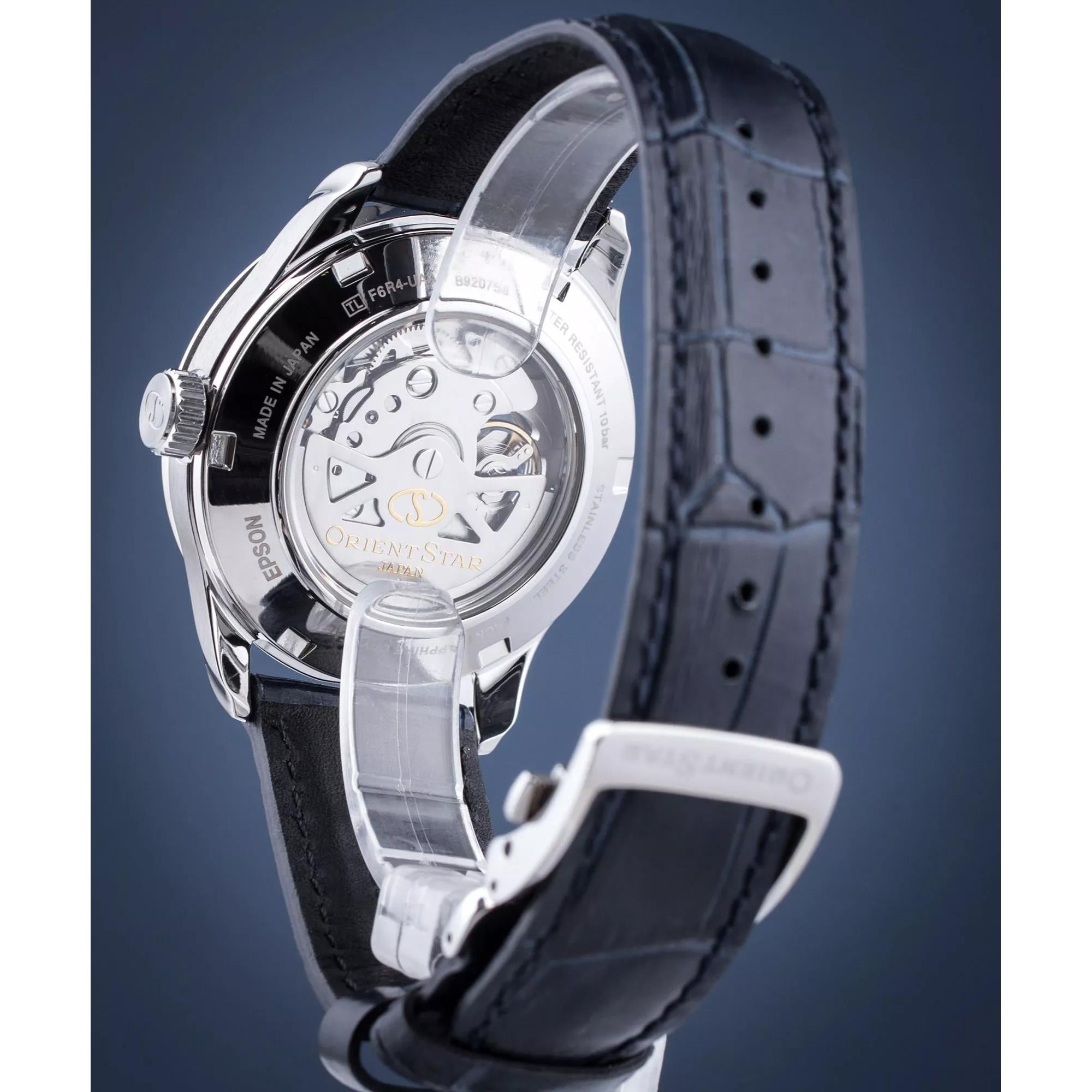 Orient Star Semi Skeleton 39mm Power Reserve Blue Dial Leather Mens Automatic Watch RE-AT0006L00B
