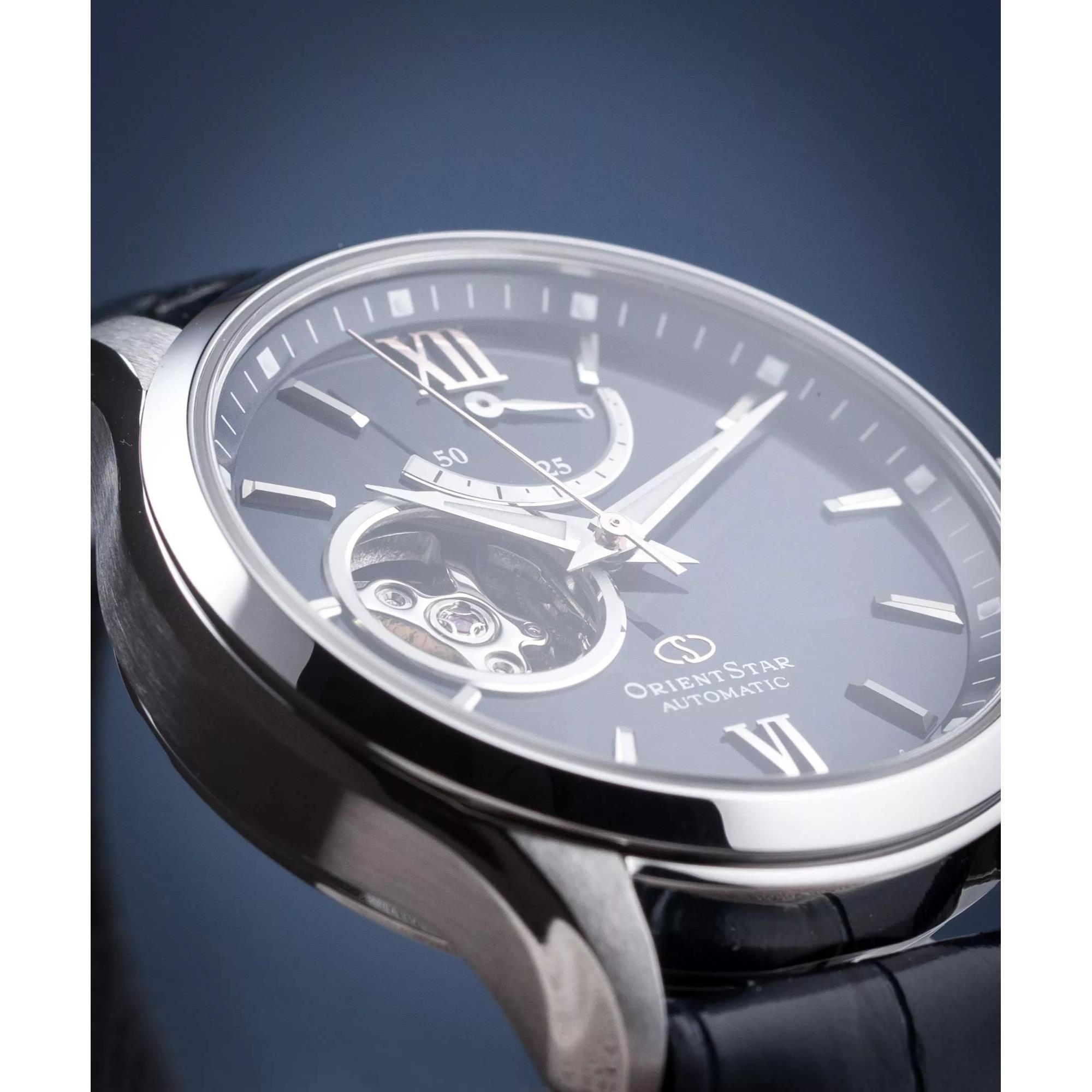 Orient Star Semi Skeleton 39mm Power Reserve Blue Dial Leather Mens Automatic Watch RE-AT0006L00B