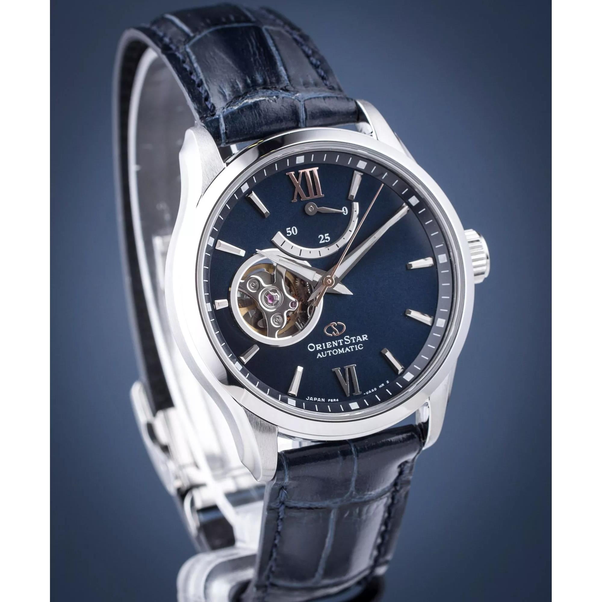 Orient Star Semi Skeleton 39mm Power Reserve Blue Dial Leather Mens Automatic Watch RE-AT0006L00B