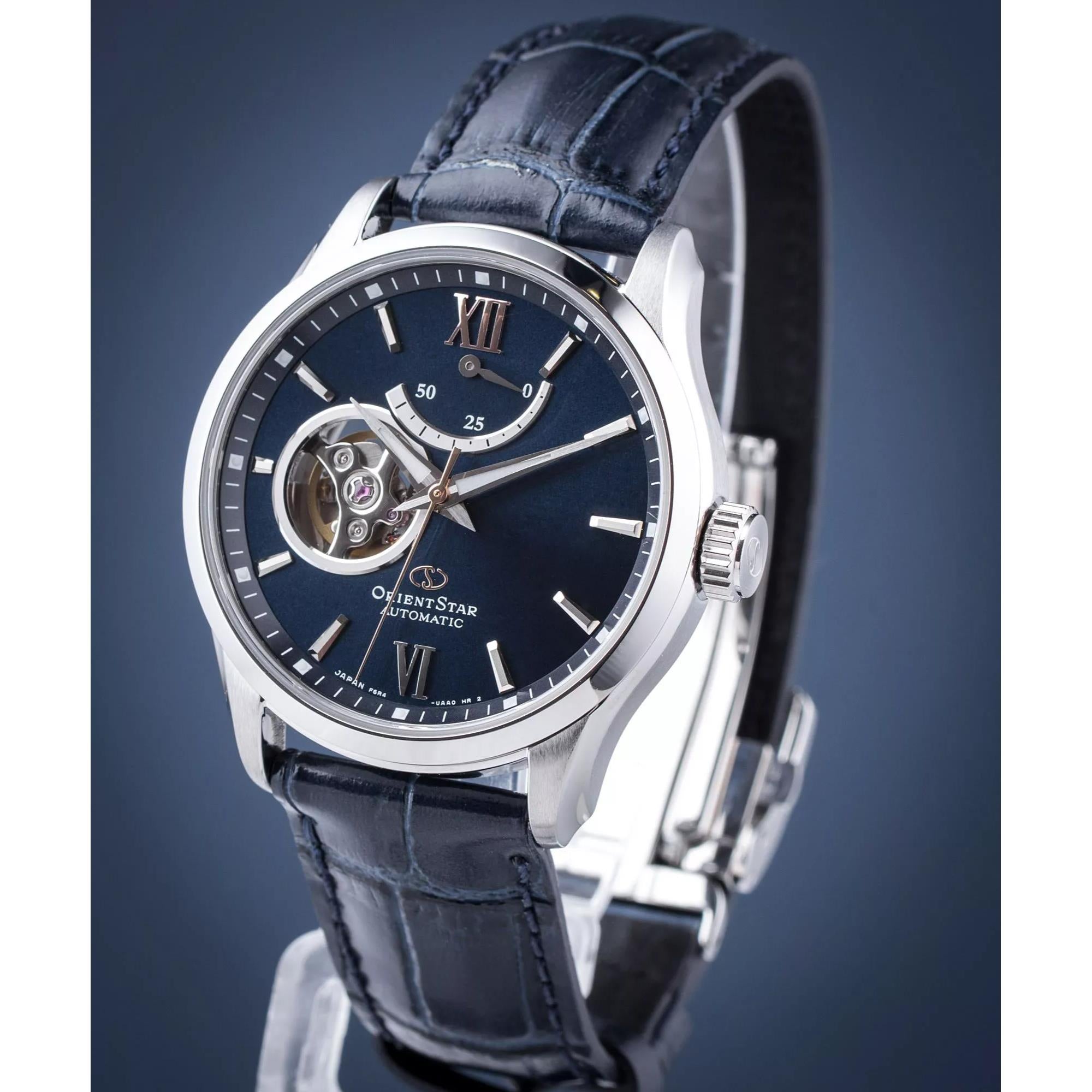 Orient Star Semi Skeleton 39mm Power Reserve Blue Dial Leather Mens Automatic Watch RE-AT0006L00B