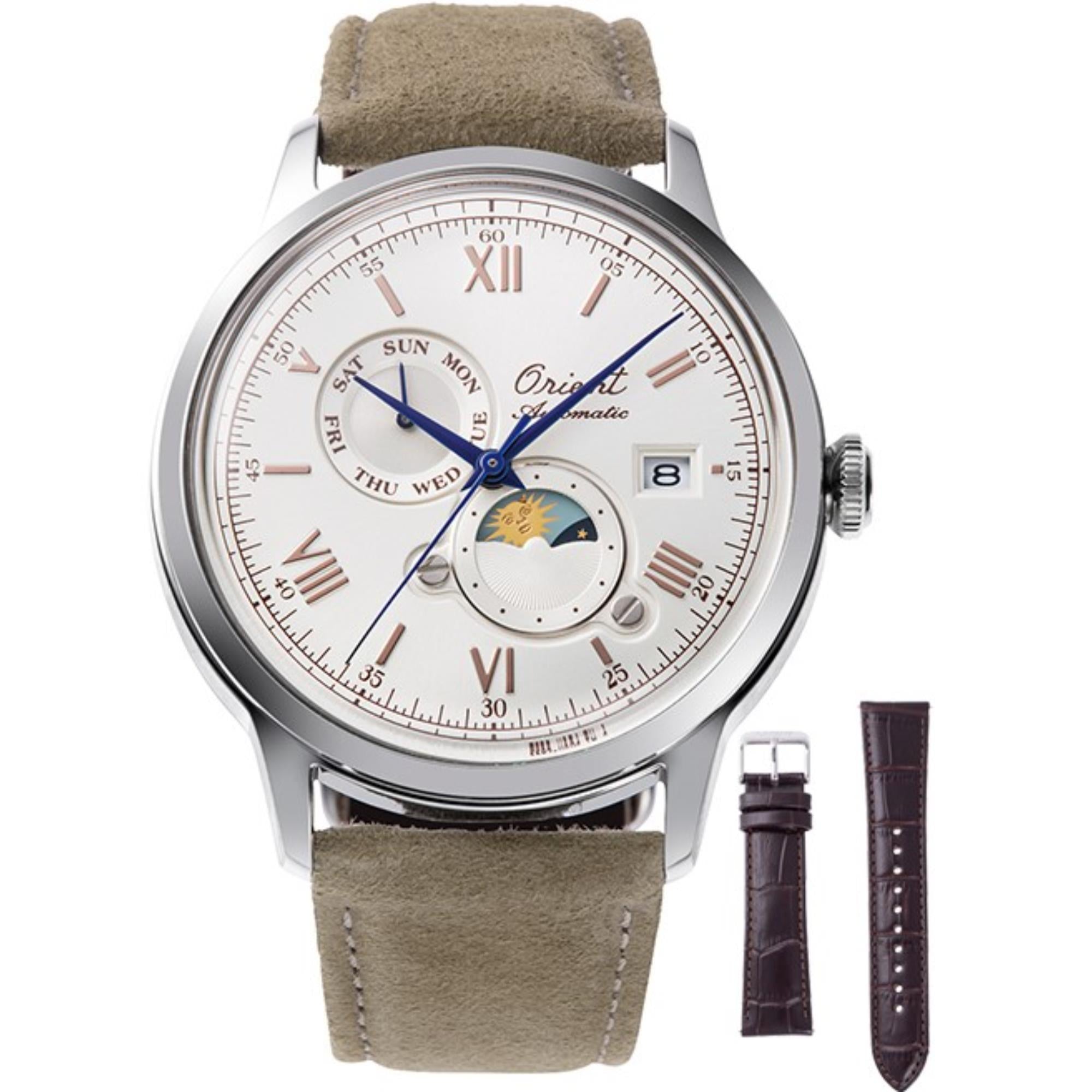 Orient Bambino Sun & Moon Silver Dial 75th Anniversary Limited Edition Men's Watch RA-AK0808S30B