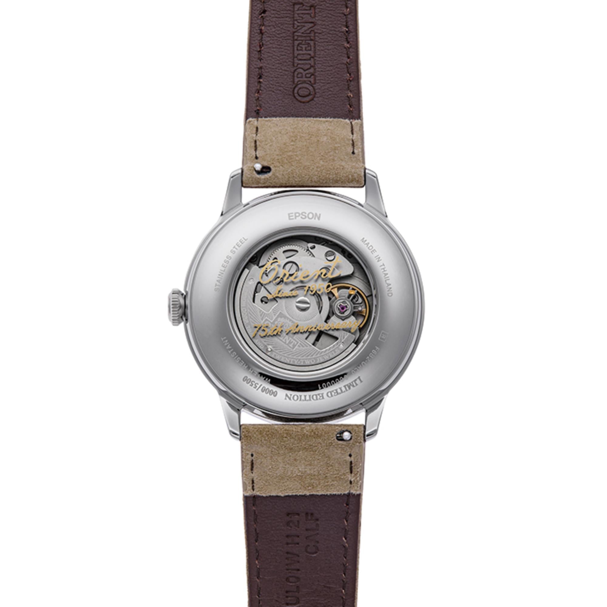 Orient Bambino 41,5 mm 75. Jubiläums-Limited Edition Weißes Zifferblatt Leder Herren Automatik Uhr RA-AK0808S30B