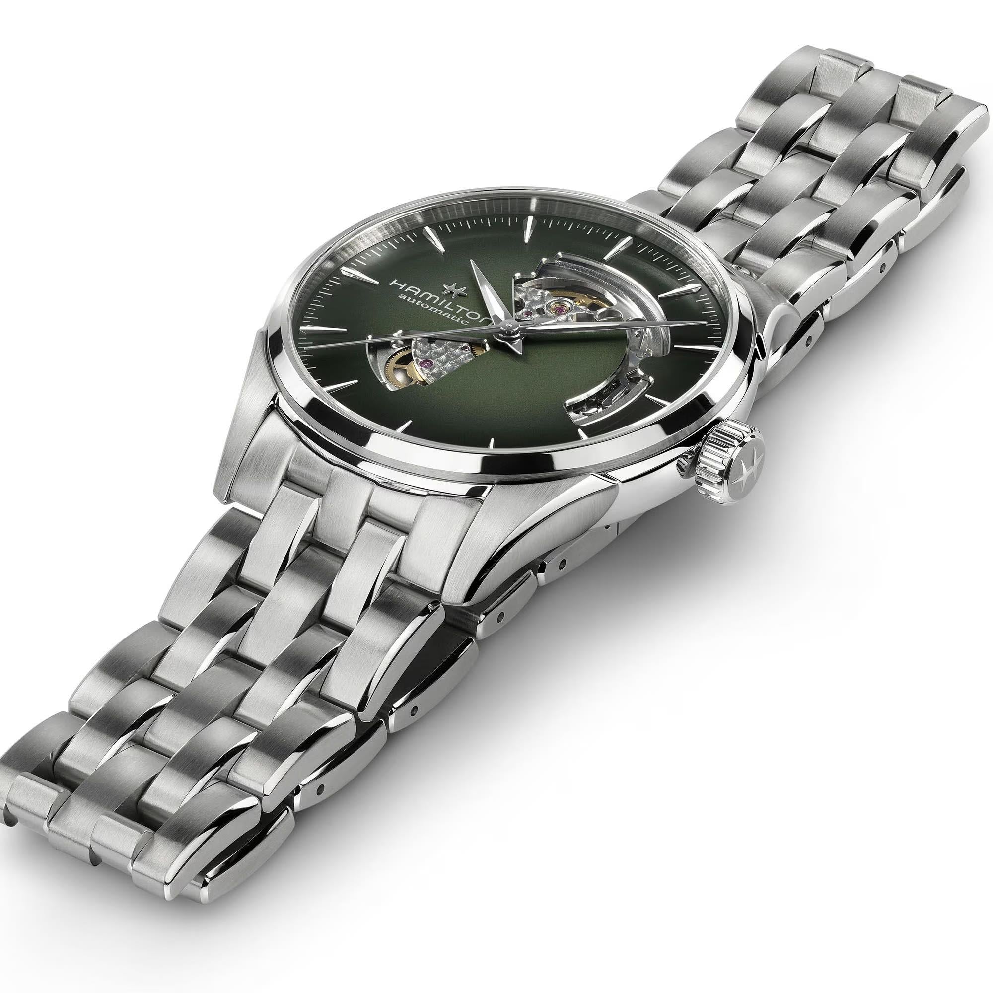 Hamilton Jazzmaster Open Heart watch with a green skeleton dial and stainless steel bracelet