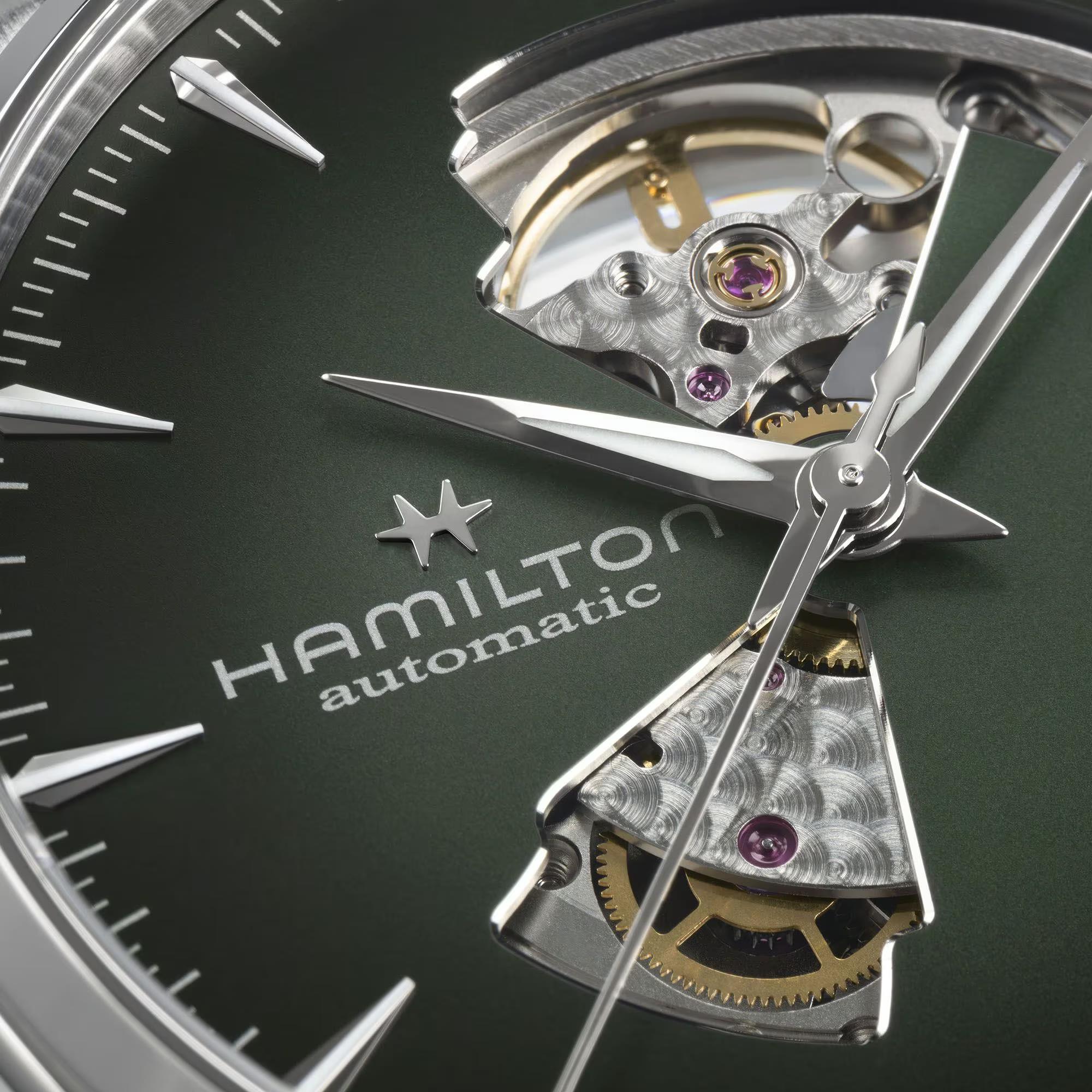 Hamilton H32705160 green dial with open-heart aperture and balance wheel close-up