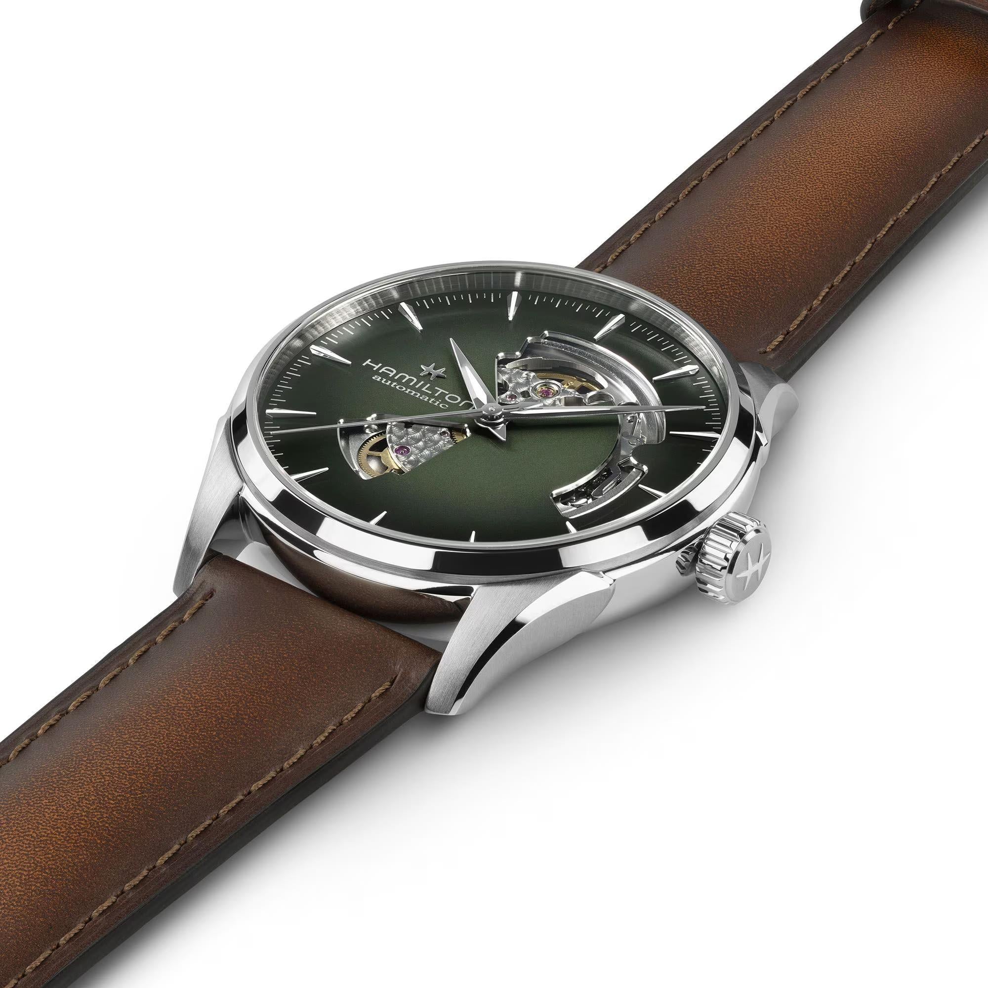Hamilton automatic watch with green dial and open-heart Dial Style showing the inner mechanics, with a brown leather strap