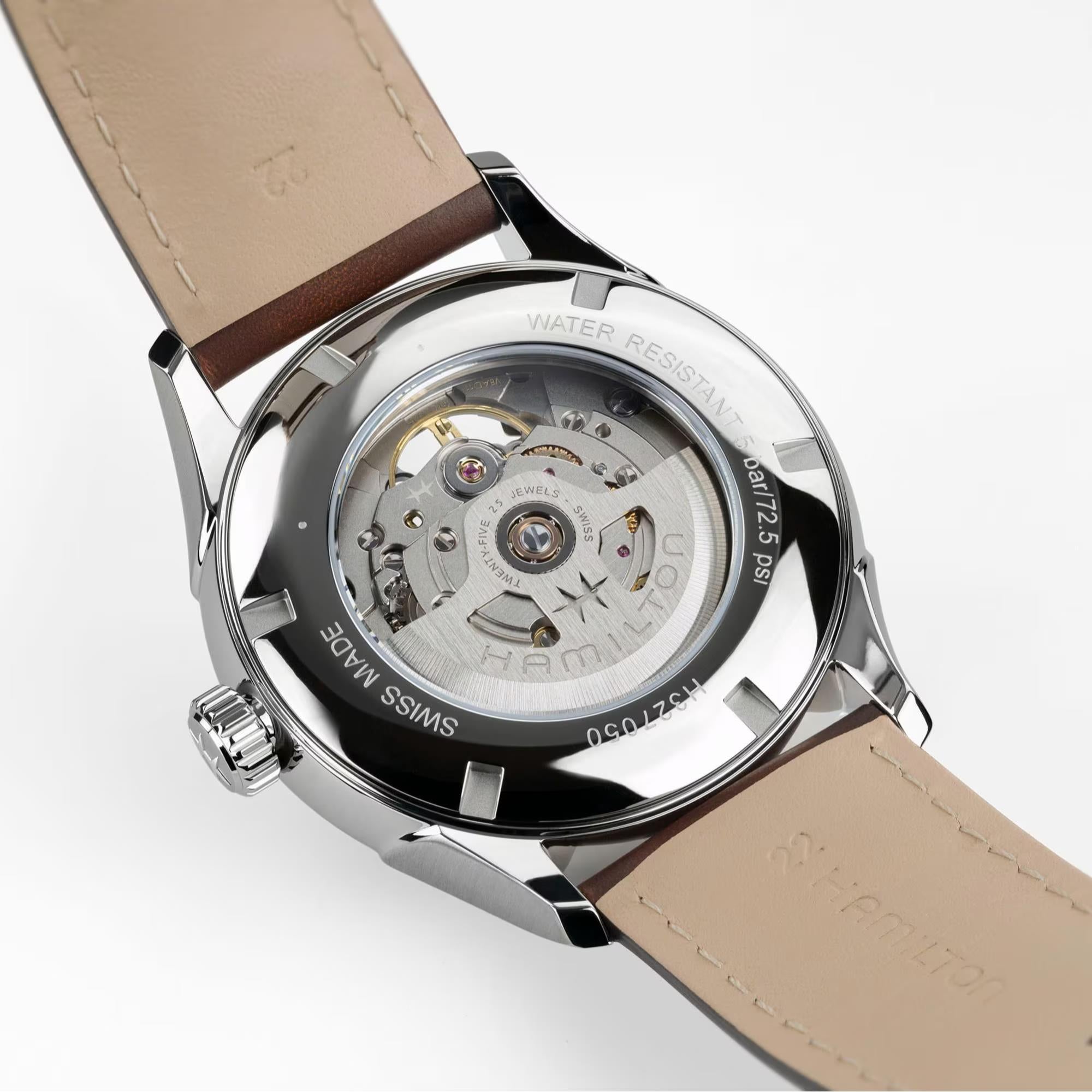 Exhibition case back of a Hamilton Jazzmaster 42mm automatic watch