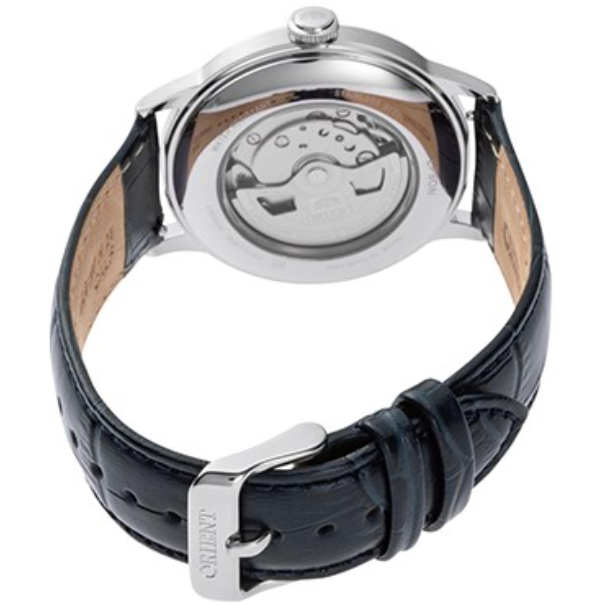 Exhibition caseback and black leather strap of an Orient Bambino automatic watch.