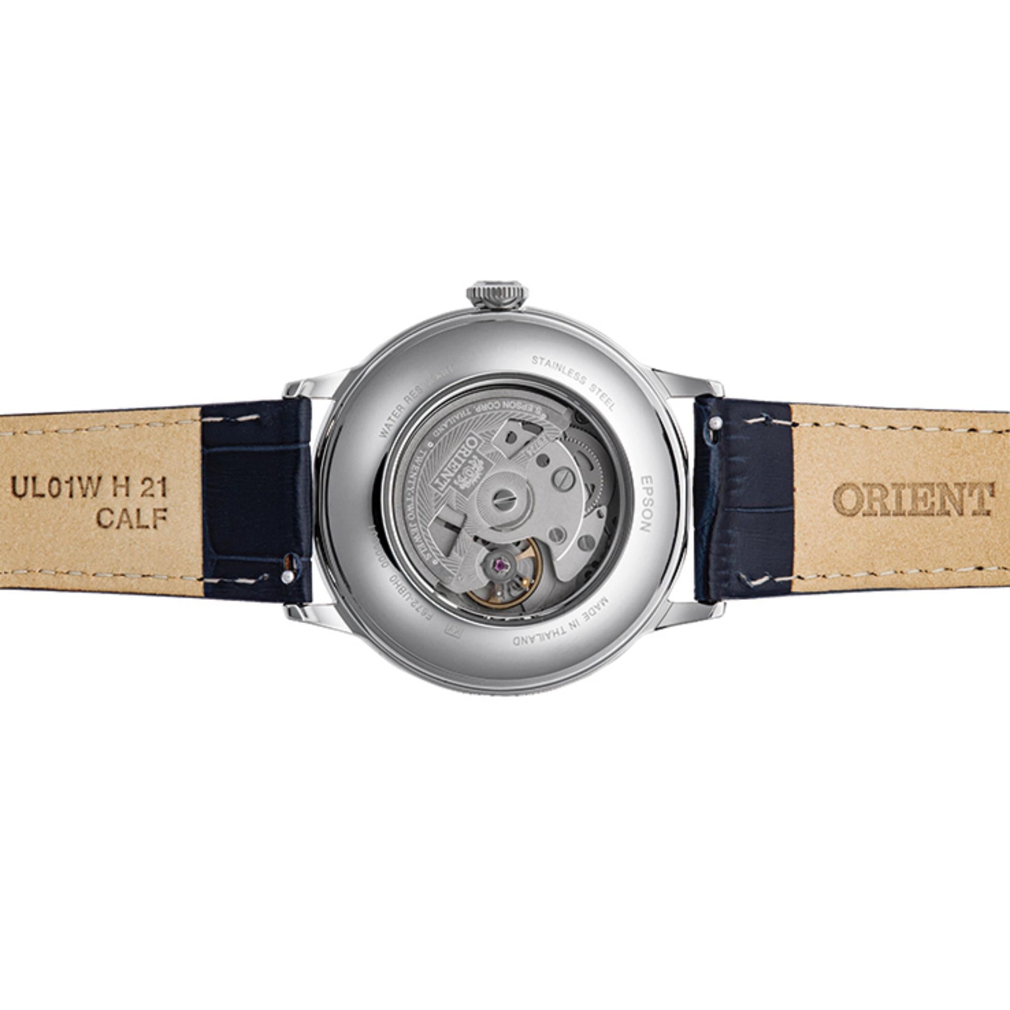 Transparent exhibition caseback and leather strap of an Orient Bambino