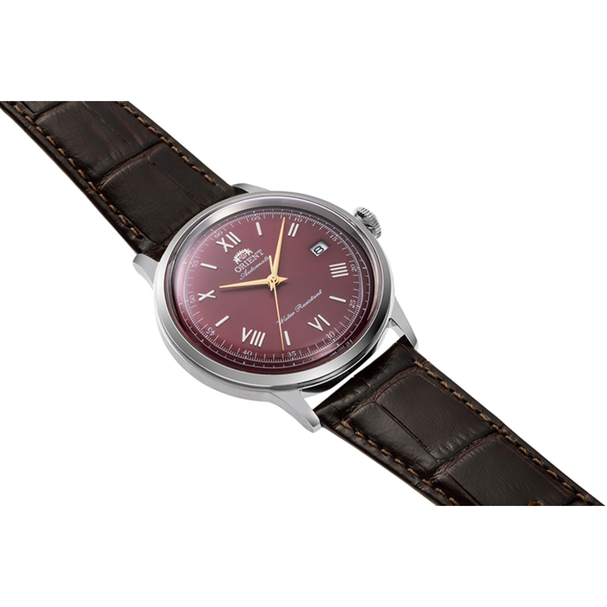 Orient RA-AC0026R30B Bambino Classic Automatic Watch with bordeaux red dial and brown leather strap