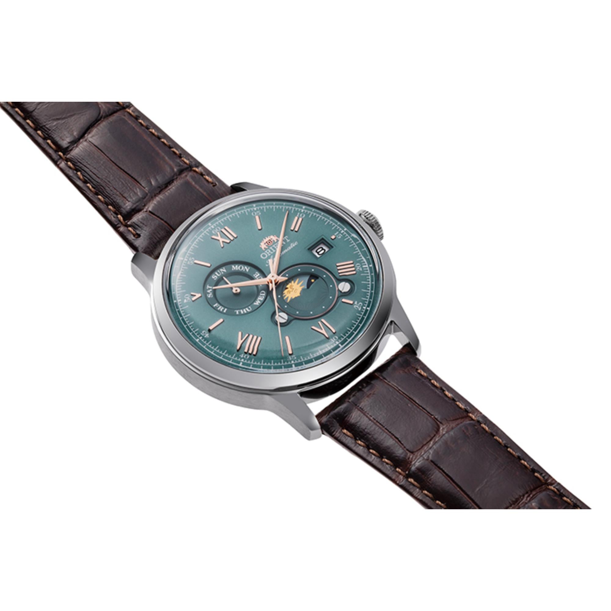 Orient Bambino 41.5mm Sun & Moon Green Dial Leather Mens Automatic Watch RA-AK0805E30B