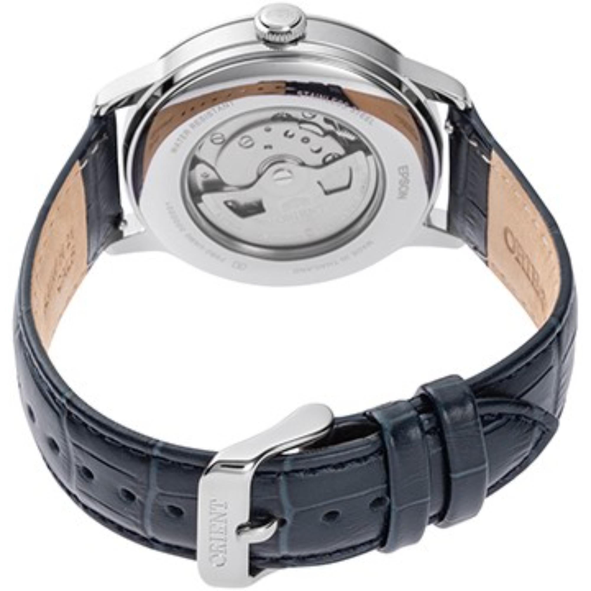 Orient Bambino 41,5 mm Sonne & Mond Blaues Zifferblatt Leder Herren Automatik Uhr RA-AK0806L30B