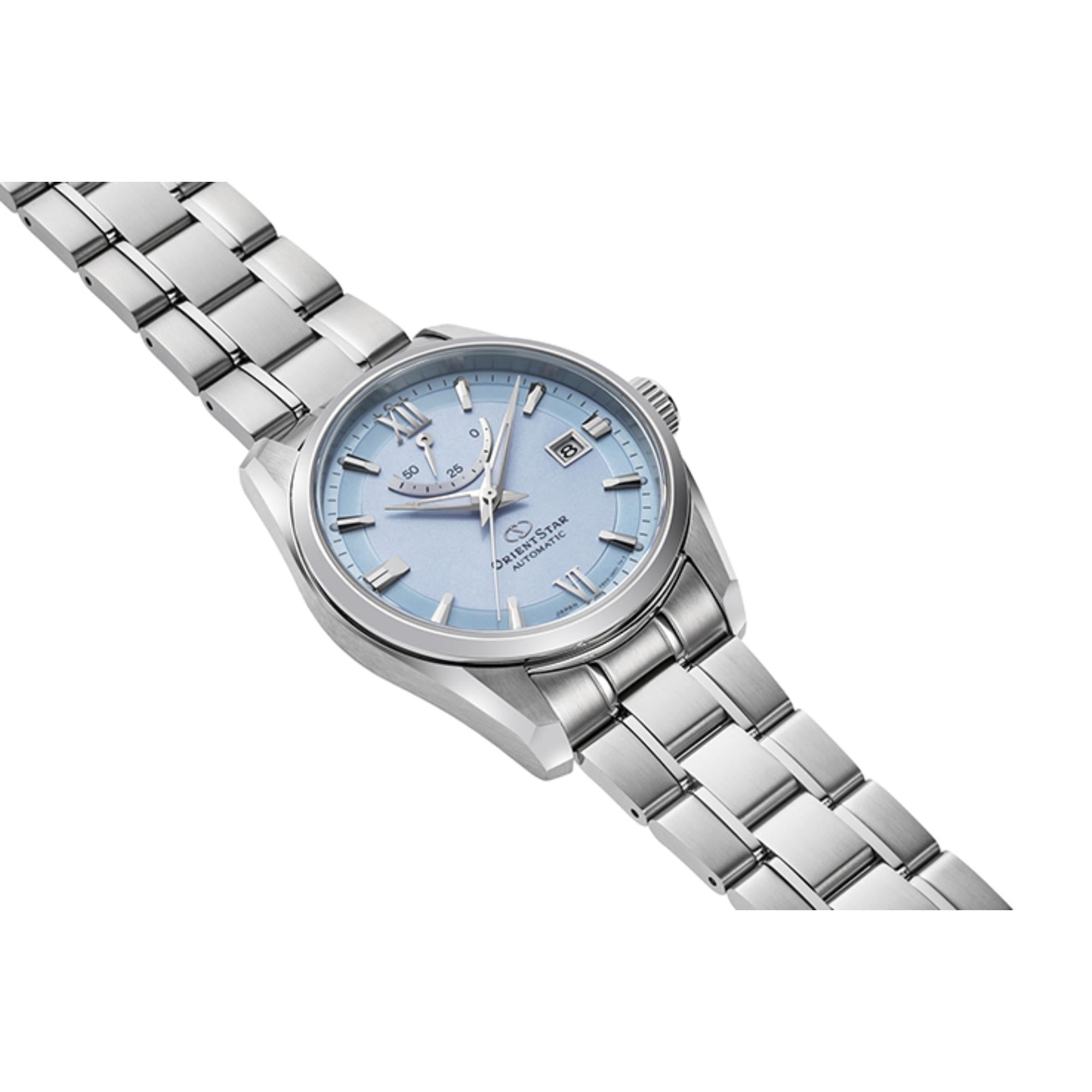 Orient Star Contemporary 38,5 mm Gangreserve Blaues Zifferblatt Stahl Herren Automatik Uhr RE-AU0109L00B