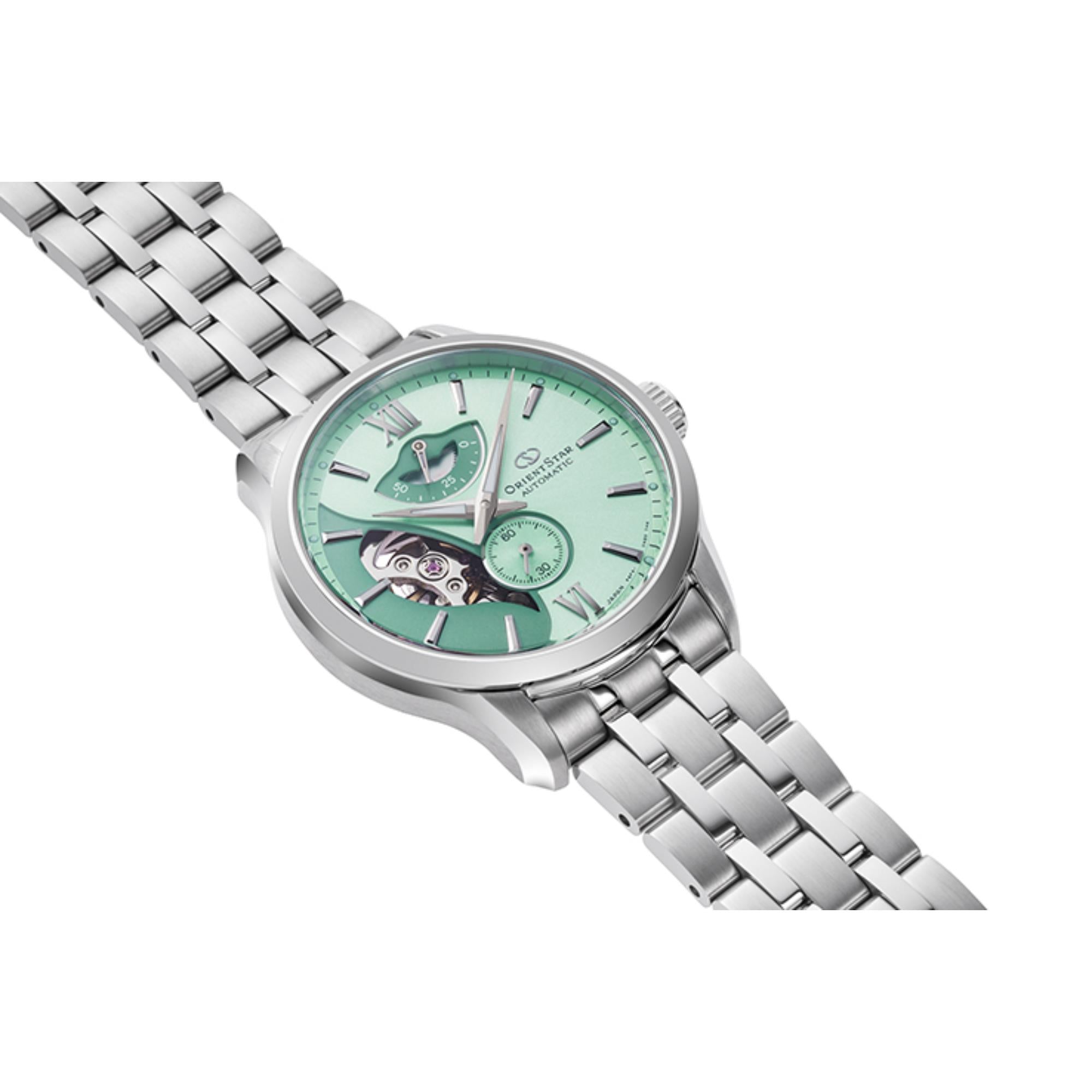Orient Star Layered Skeleton 41 mm Gangreserve Grünes Zifferblatt Stahl Herren Automatik Uhr RE-AV0B11E00B