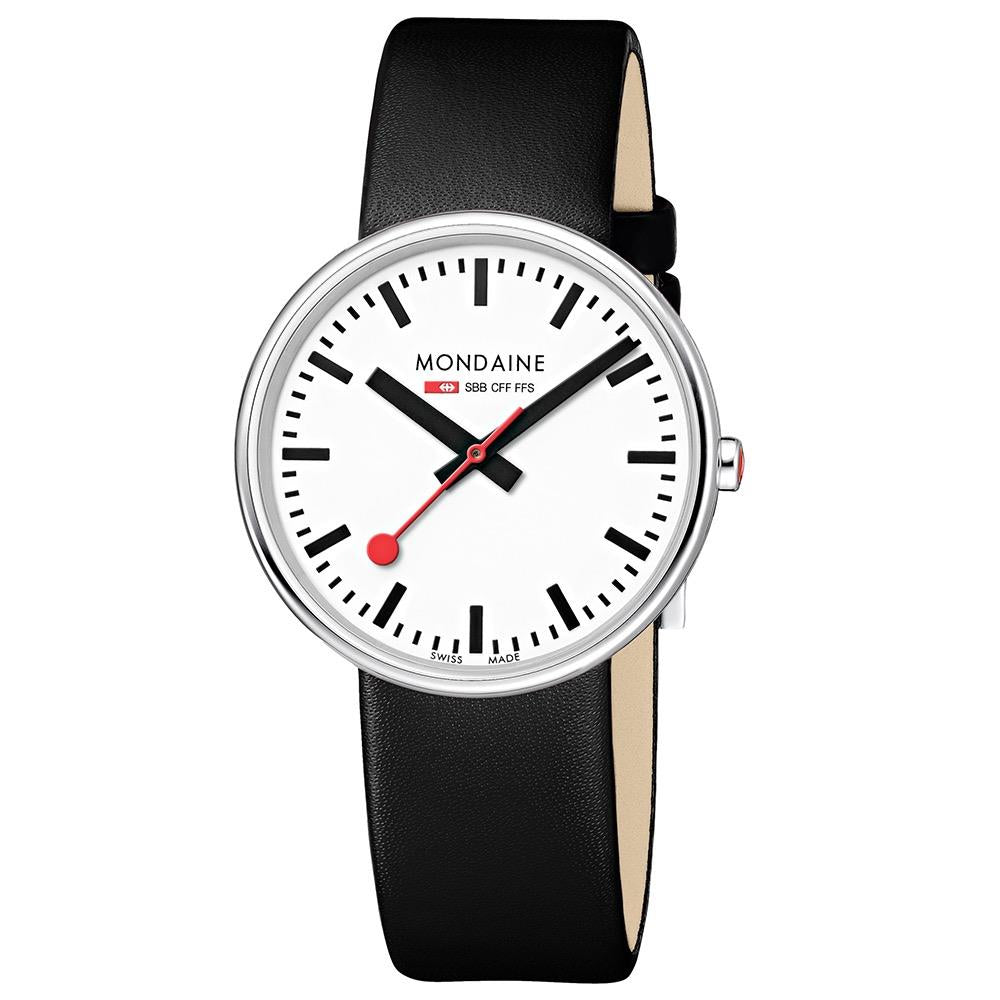 Mondaine Mini Giant Quarz Weißes Zifferblatt Schwarzes Lederarmband Uhr MSX.3511B.LB UVP £229