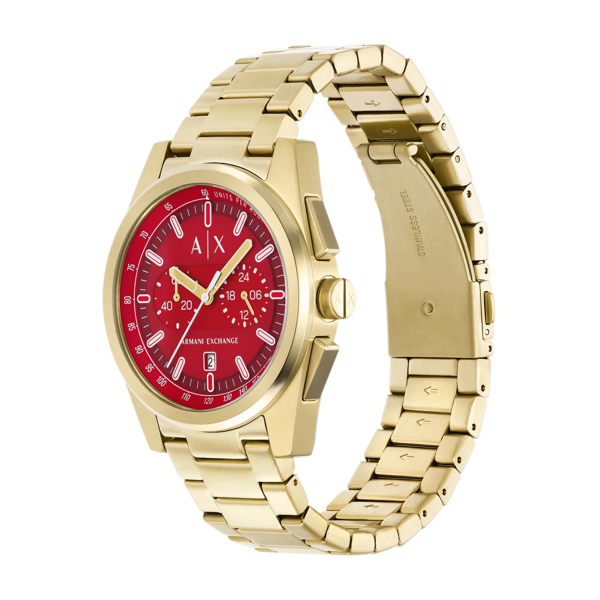 Armani Exchange Parker 42mm Chronograph Red Dial Steel Strap Mens Quartz Watch AX2863