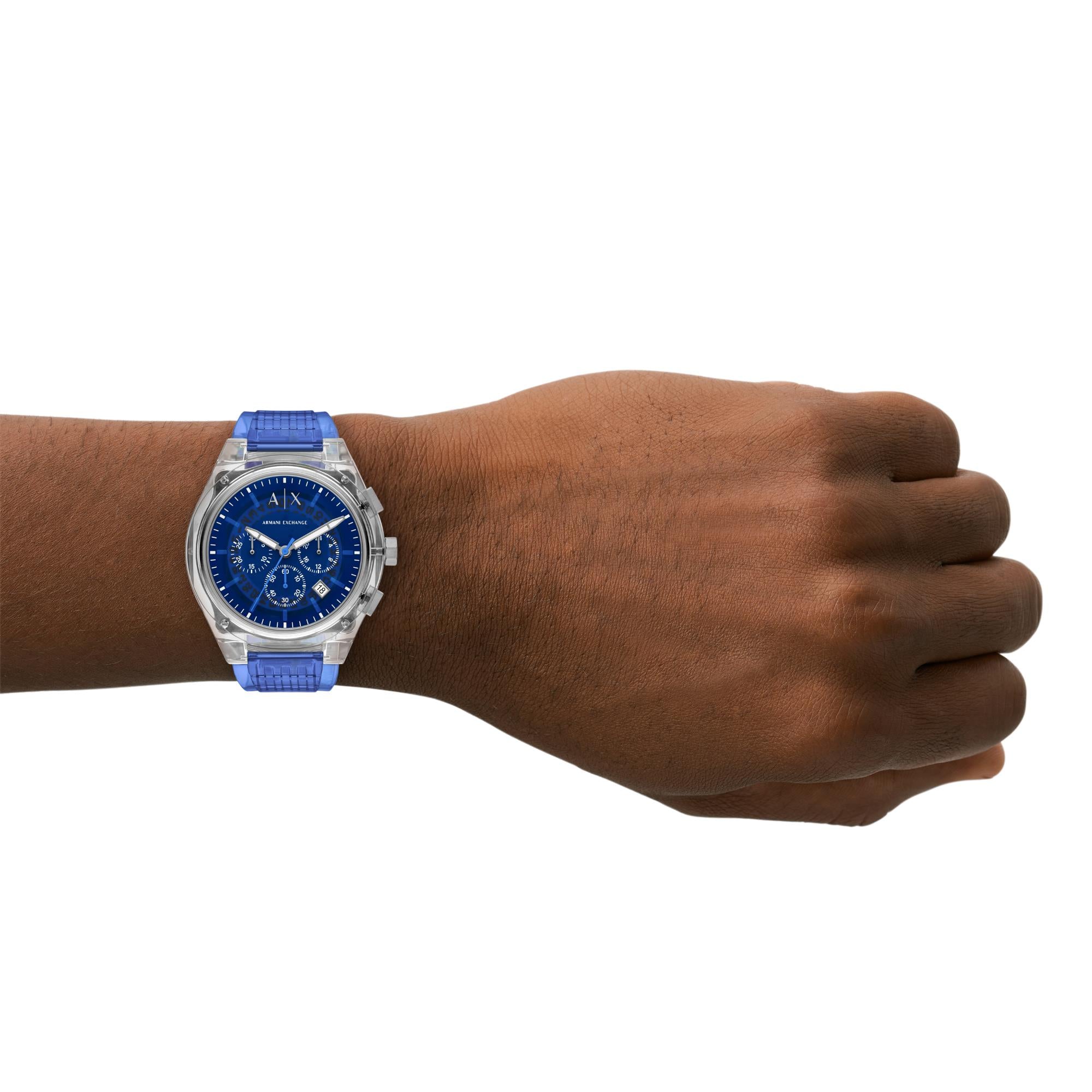 Armani Exchange Rafael 44mm Chronograph Blue Dial Polyurethane Mens Quartz Watch AX4166