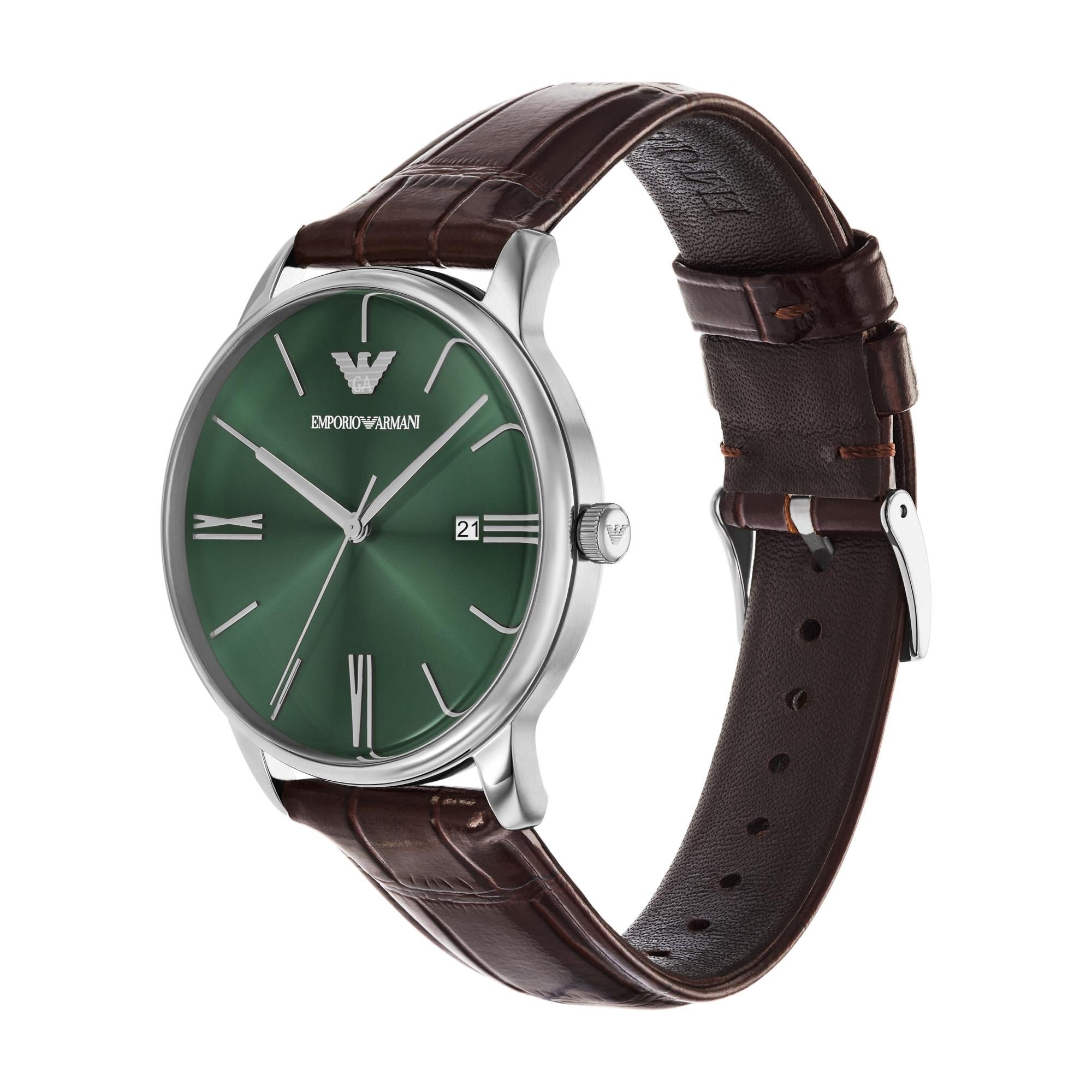 Emporio Armani Minimalistisch 39 mm Grünes Zifferblatt Leder Herren Quarzuhr