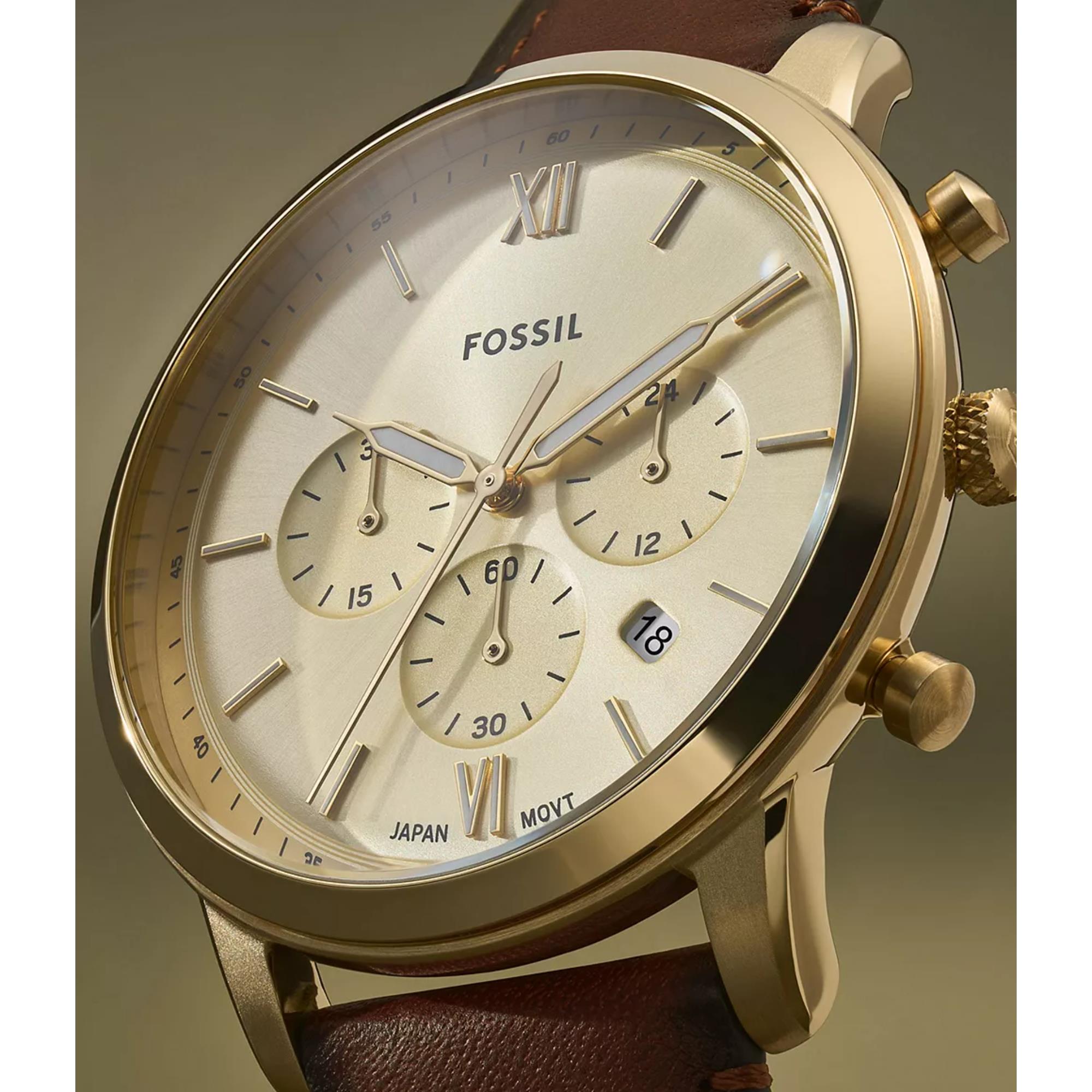 Fossil Neutra 44mm Chronograph Goldenes Zifferblatt Leder Herren Quarz Uhr FS6113