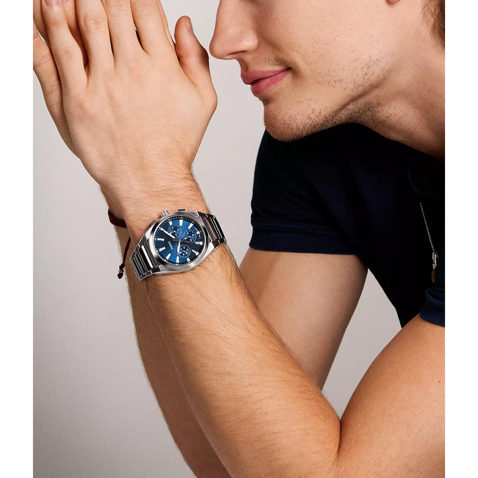Fossil Everett 44mm Chronograph Blue Dial Steel Mens Quartz Watch FS6104