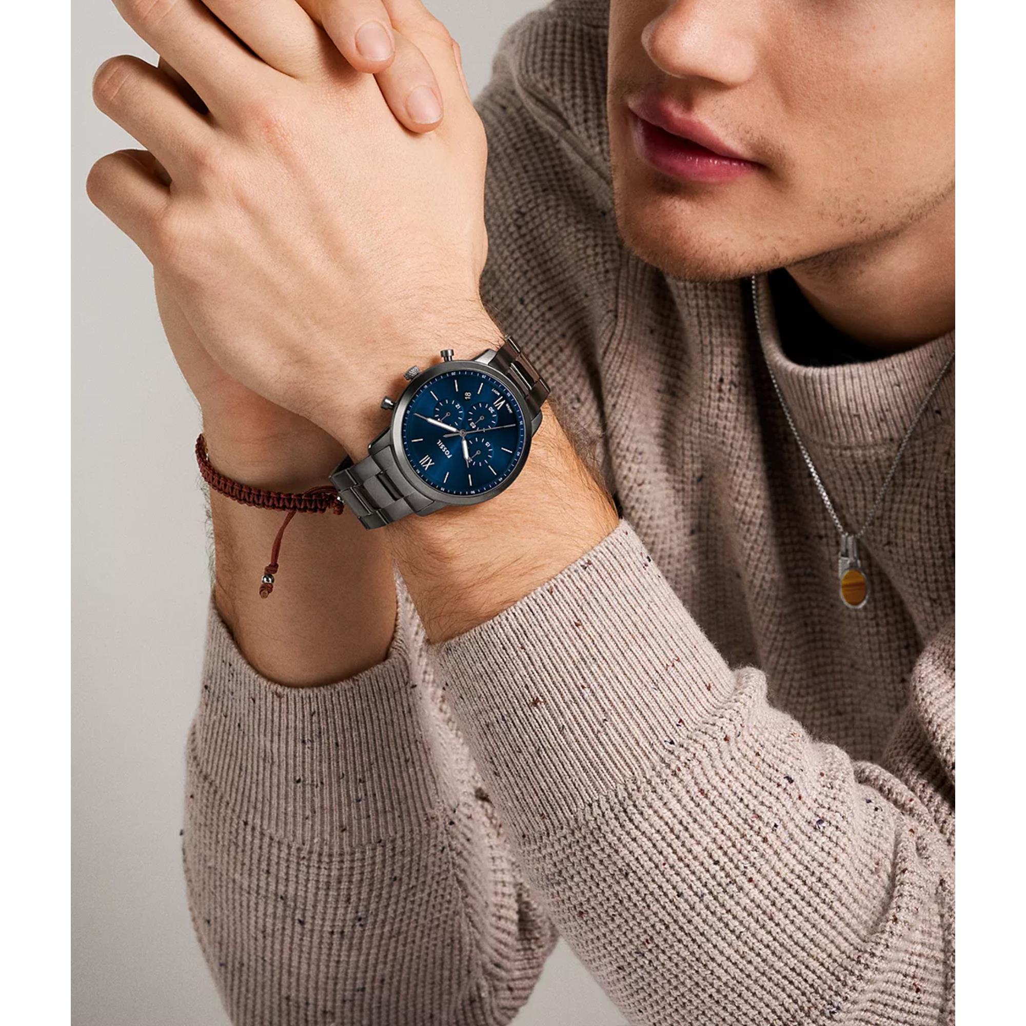 Fossil Neutra 44mm Chronograph Blaues Zifferblatt Stahl Herren Quarz Uhr FS6111