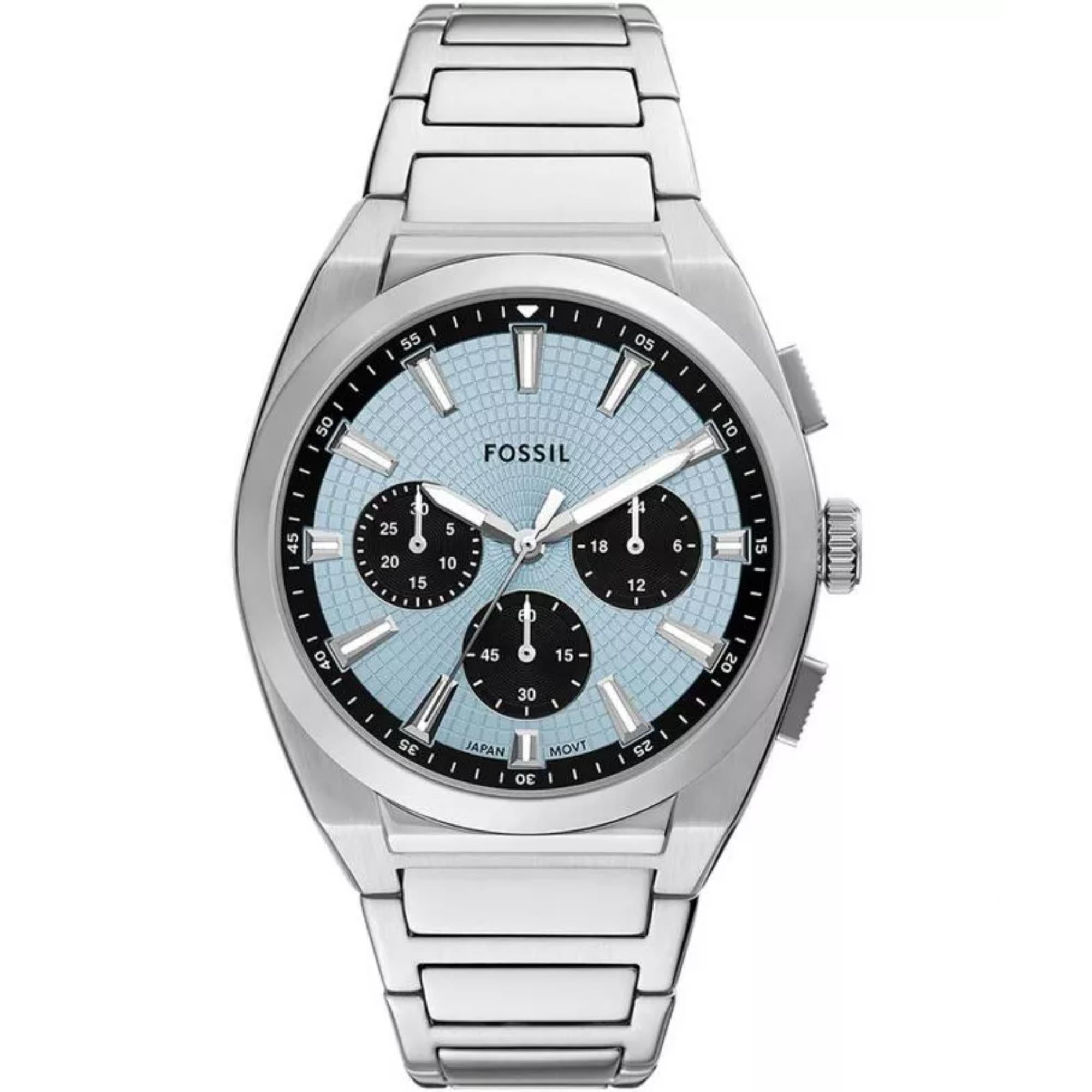 Fossil Everett 44mm Chronograph mit blauem Zifferblatt, Edelstahl, Herren-Quarzuhr FS6105