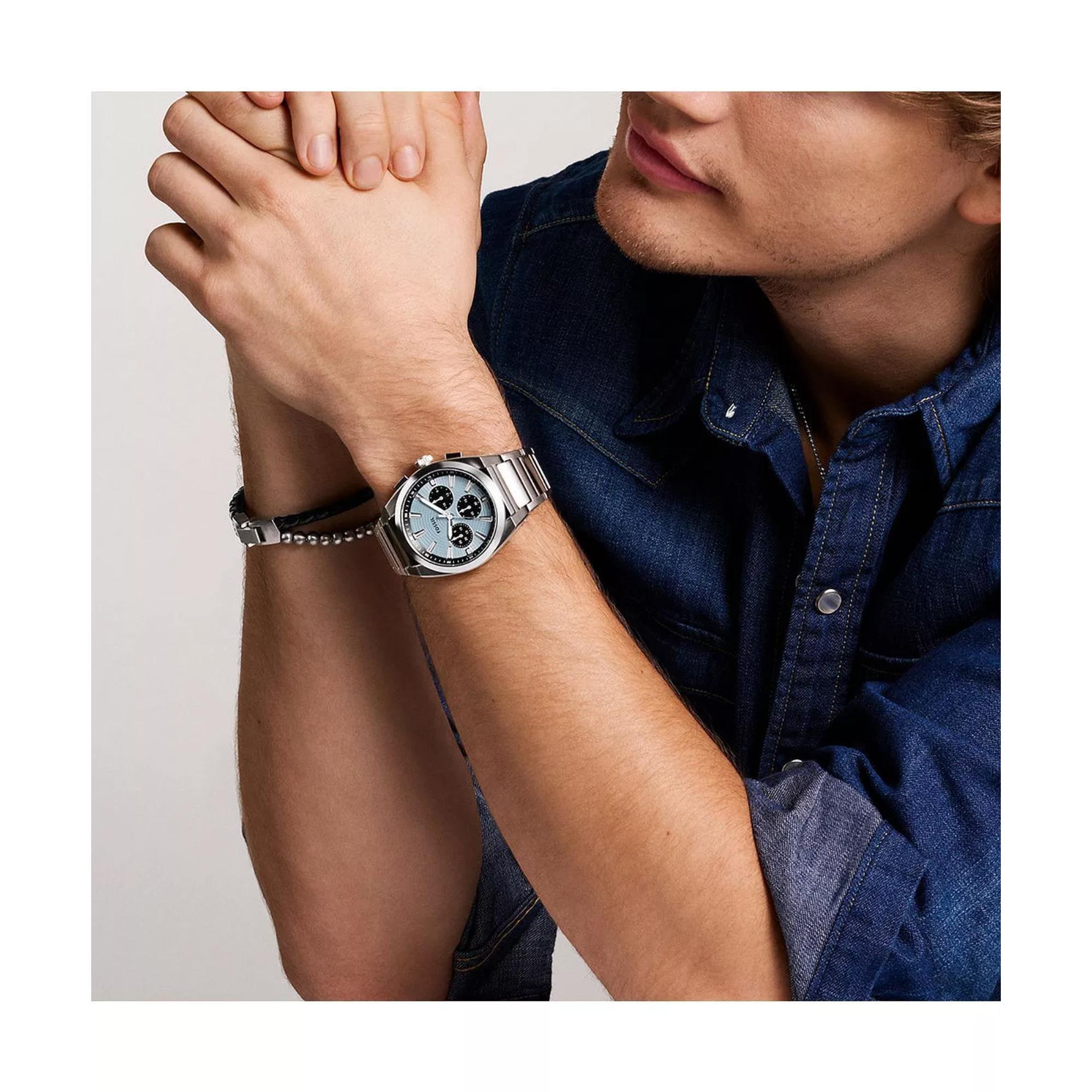 Fossil Everett 44mm Chronograph mit blauem Zifferblatt, Edelstahl, Herren-Quarzuhr FS6105