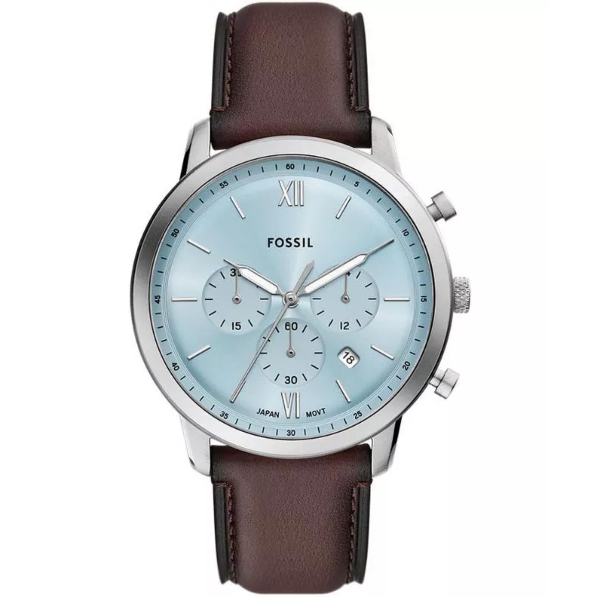 Fossil Neutra 44mm Chronograph Blaues Zifferblatt Leder Herren Quarz Uhr FS6109