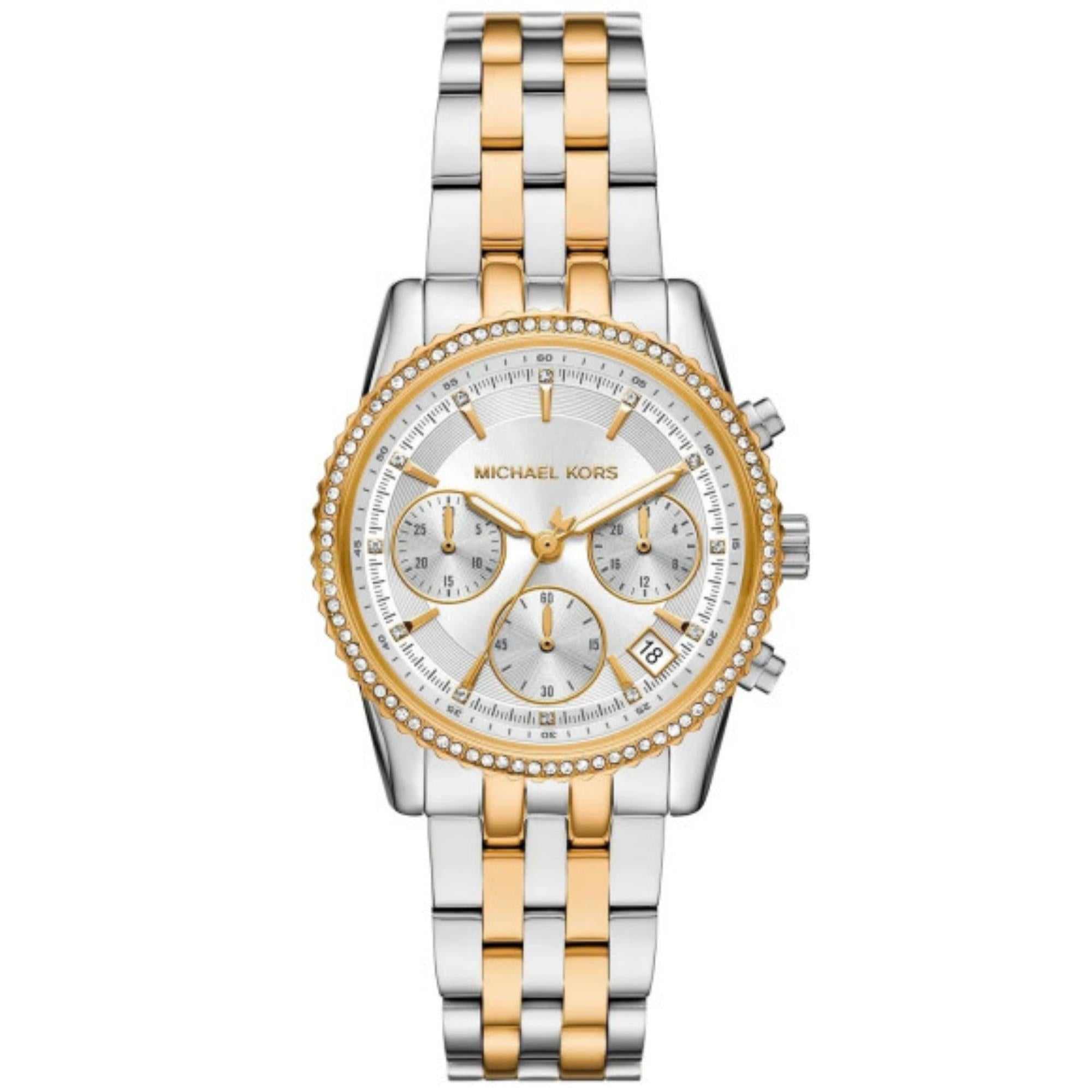 Michael Kors Mini Bryant Chronograph Weißes Zifferblatt Zweifarbiges Edelstahlarmband Damen Uhr MK7532