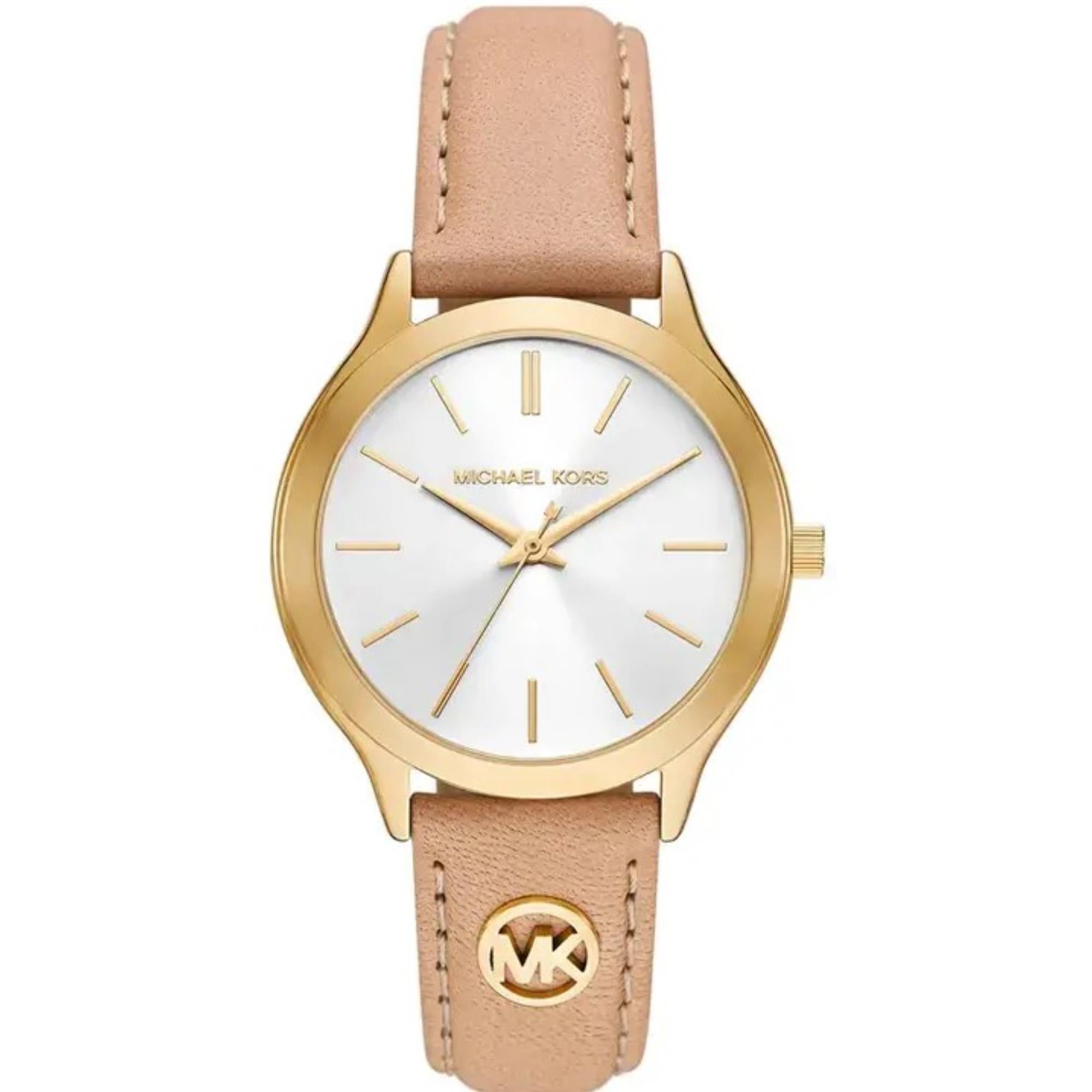 Michael Kors Slim Runway Weißes Zifferblatt Nudet Lederarmband Damen Uhr MK7533