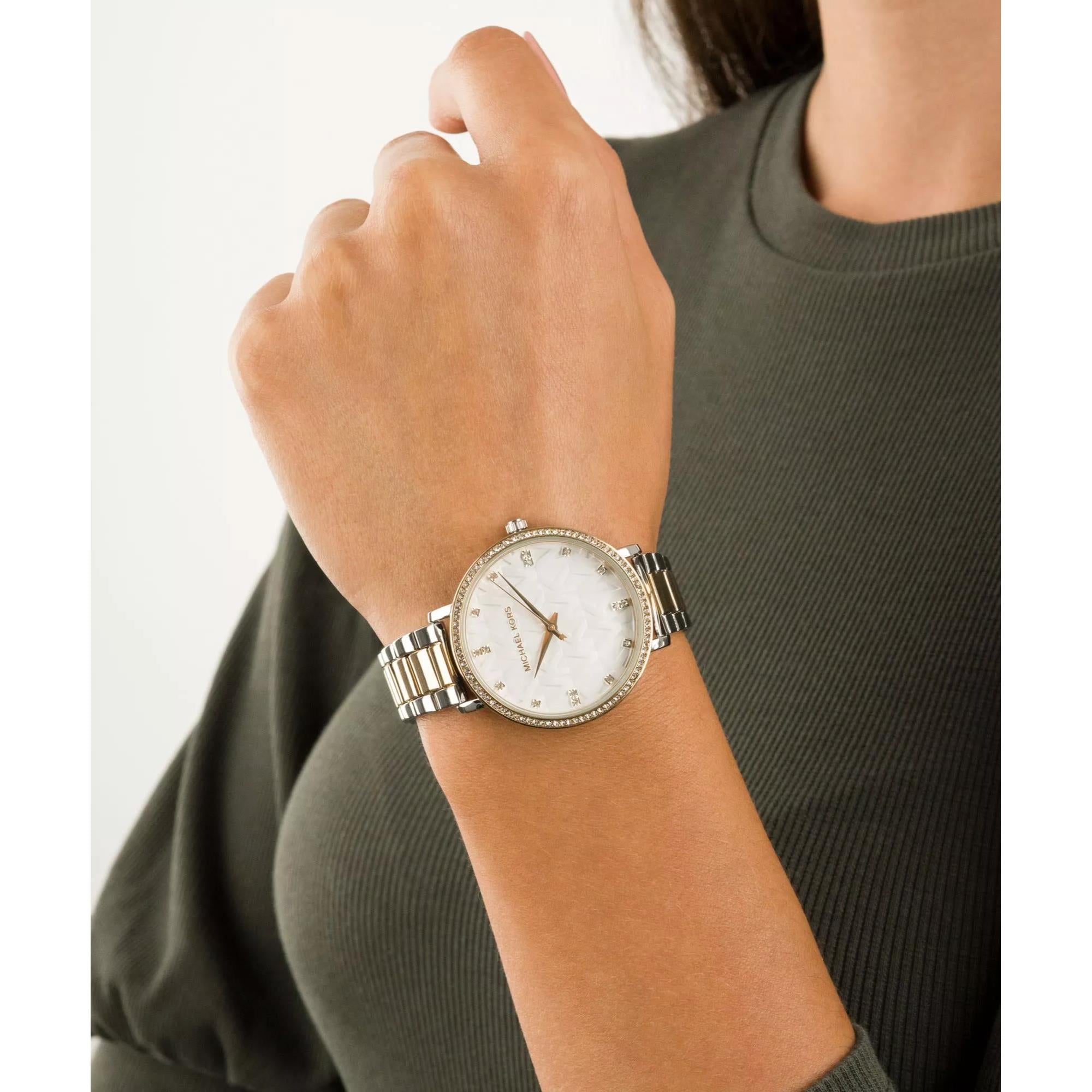 Michael Kors Pyper Zwei-Ton Legierung Weiß Zifferblatt Edelstahl Armband Damen Uhr MK4595