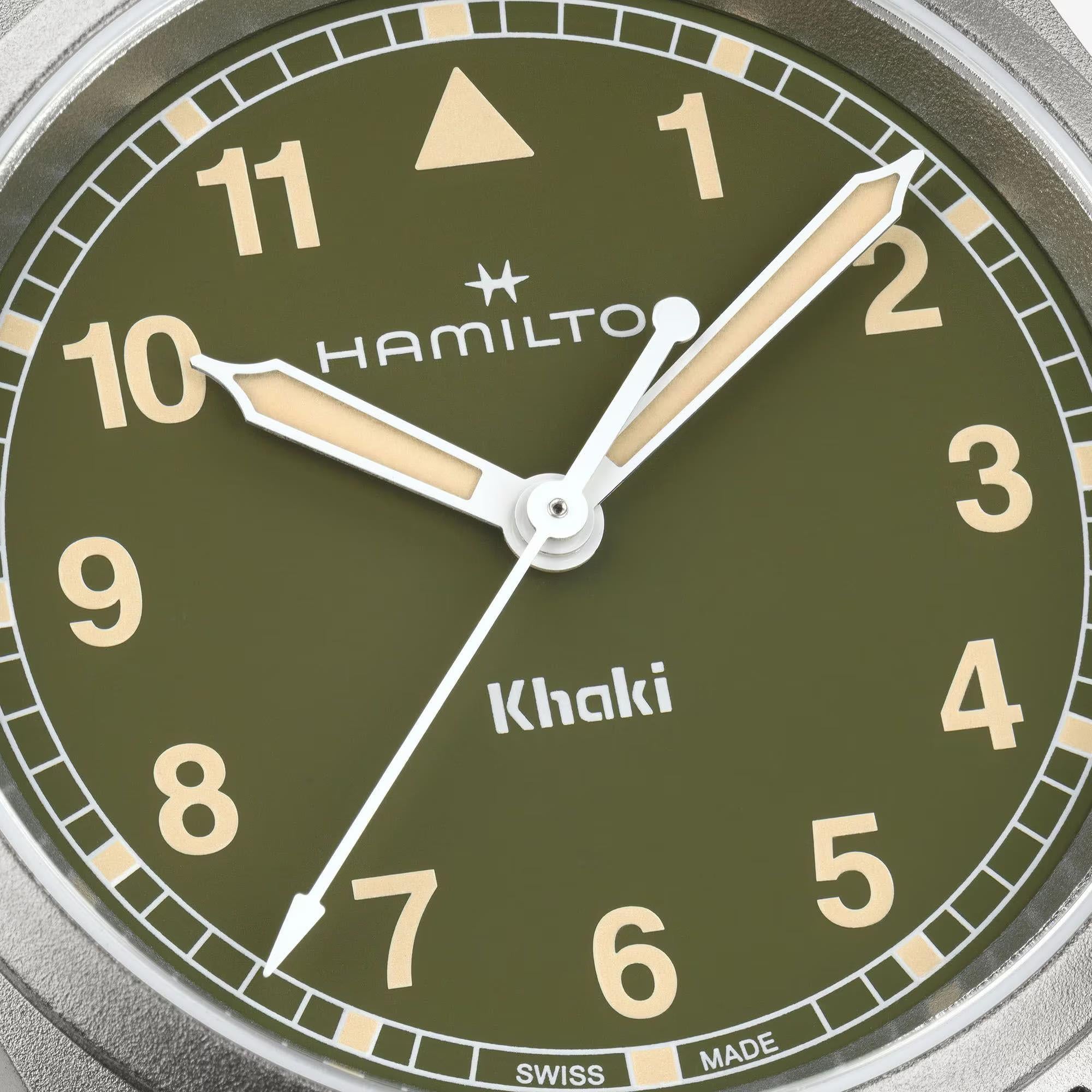 Hamilton Khaki Field H69301160 green dial with Arabic numerals close-up