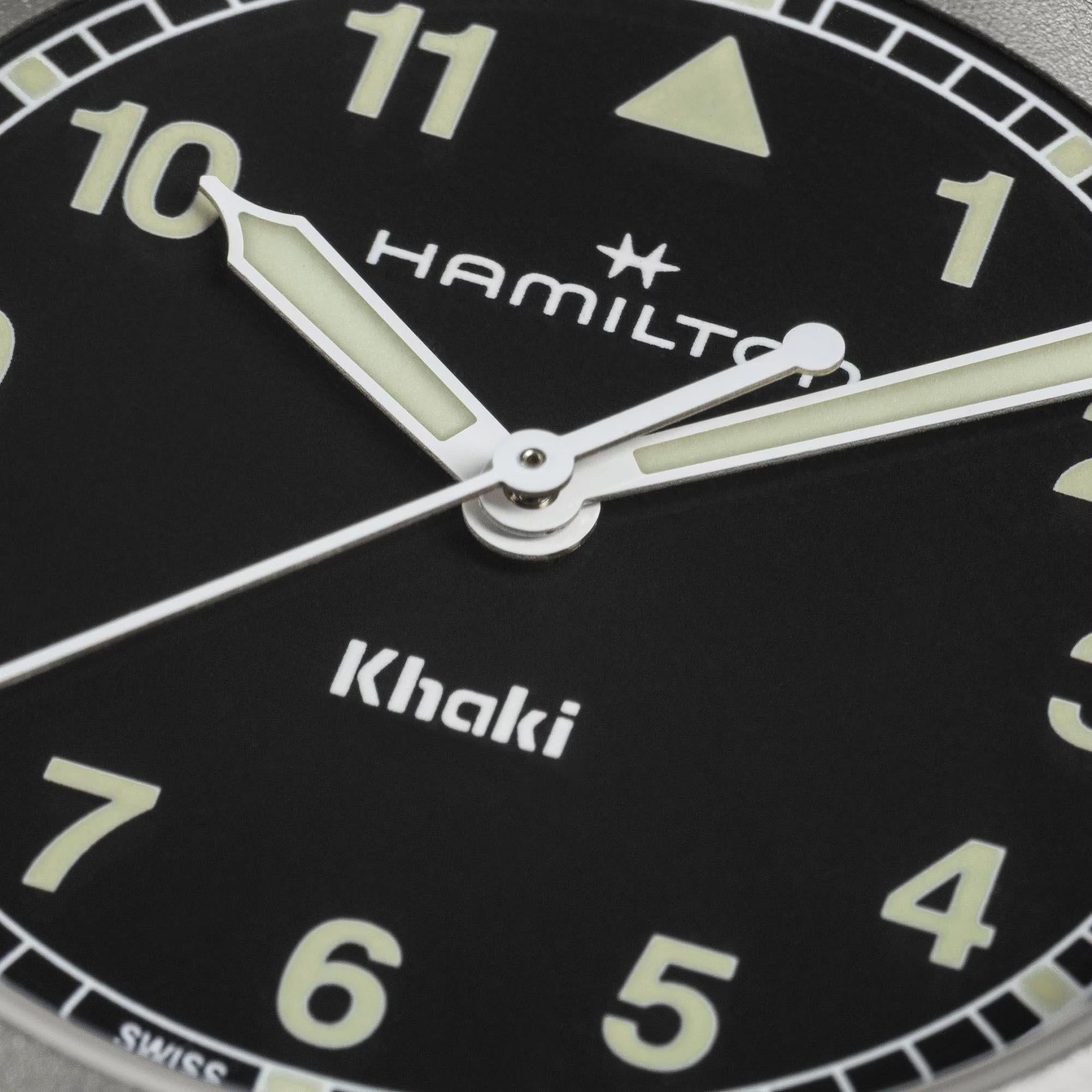 Hamilton H69301130 black dial with Arabic numerals and luminous hands close-up