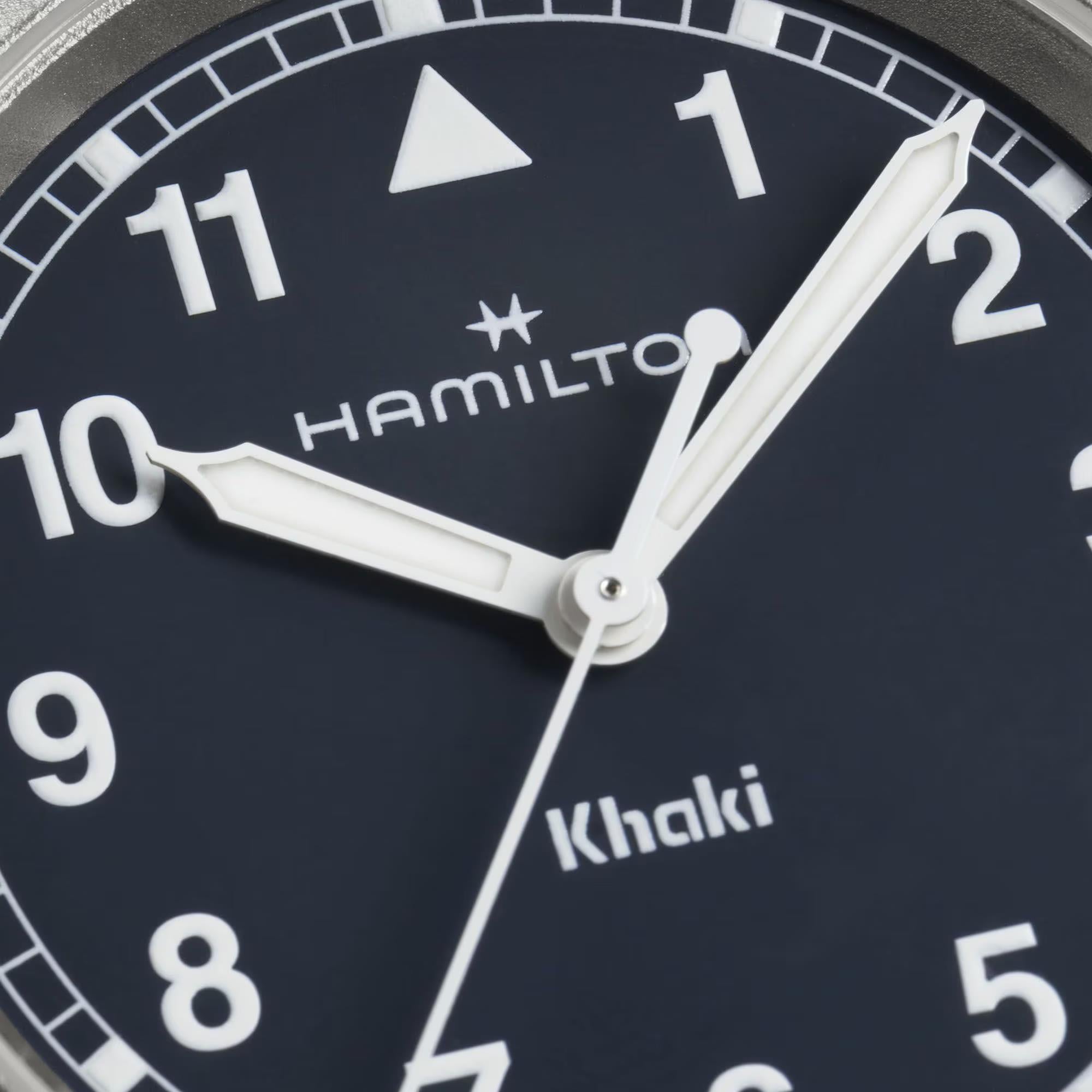 Hamilton H69301140 matte blue dial with Arabic numerals and luminous hands close-up