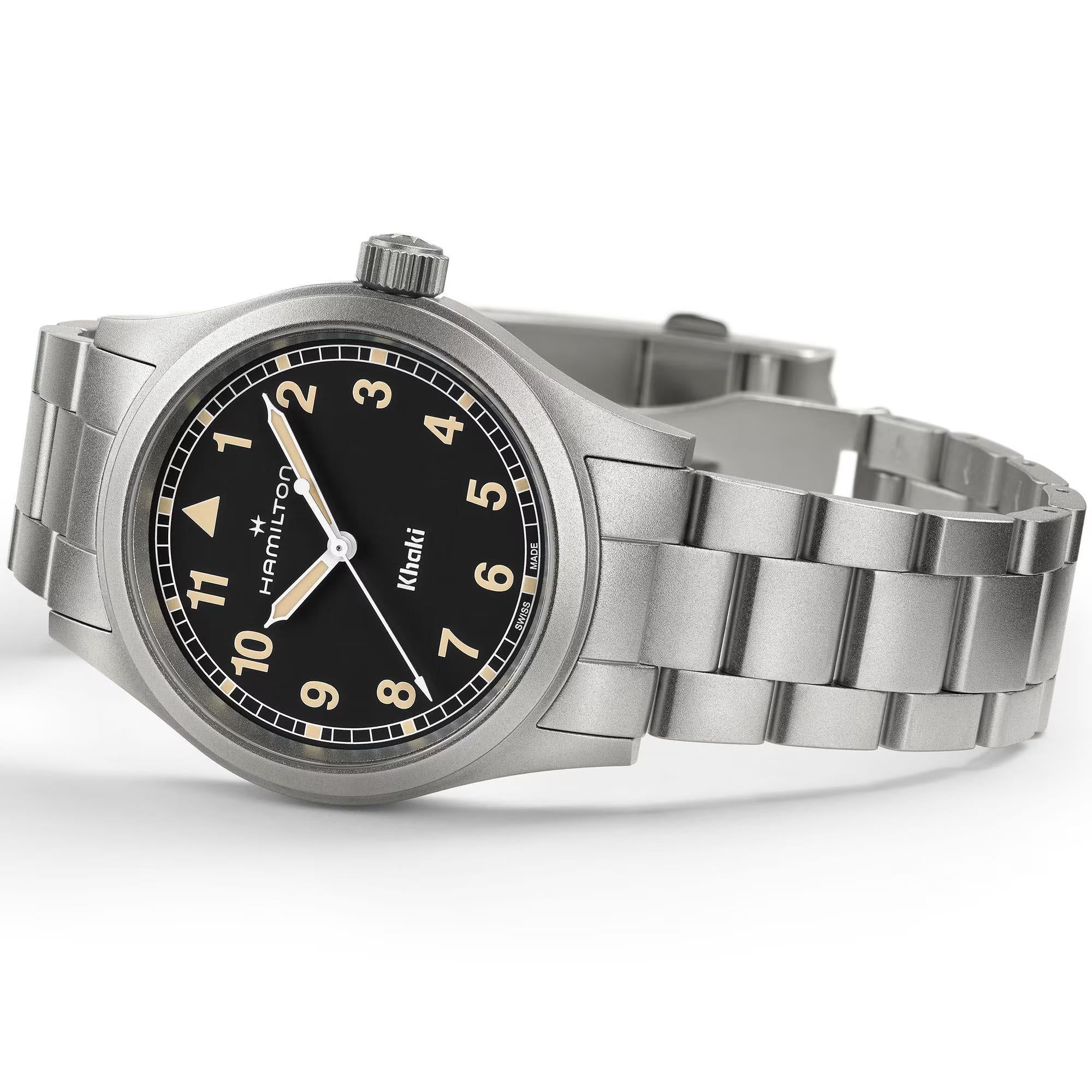 Hamilton Khaki Field 38mm black dial steel Quartz watch on white background