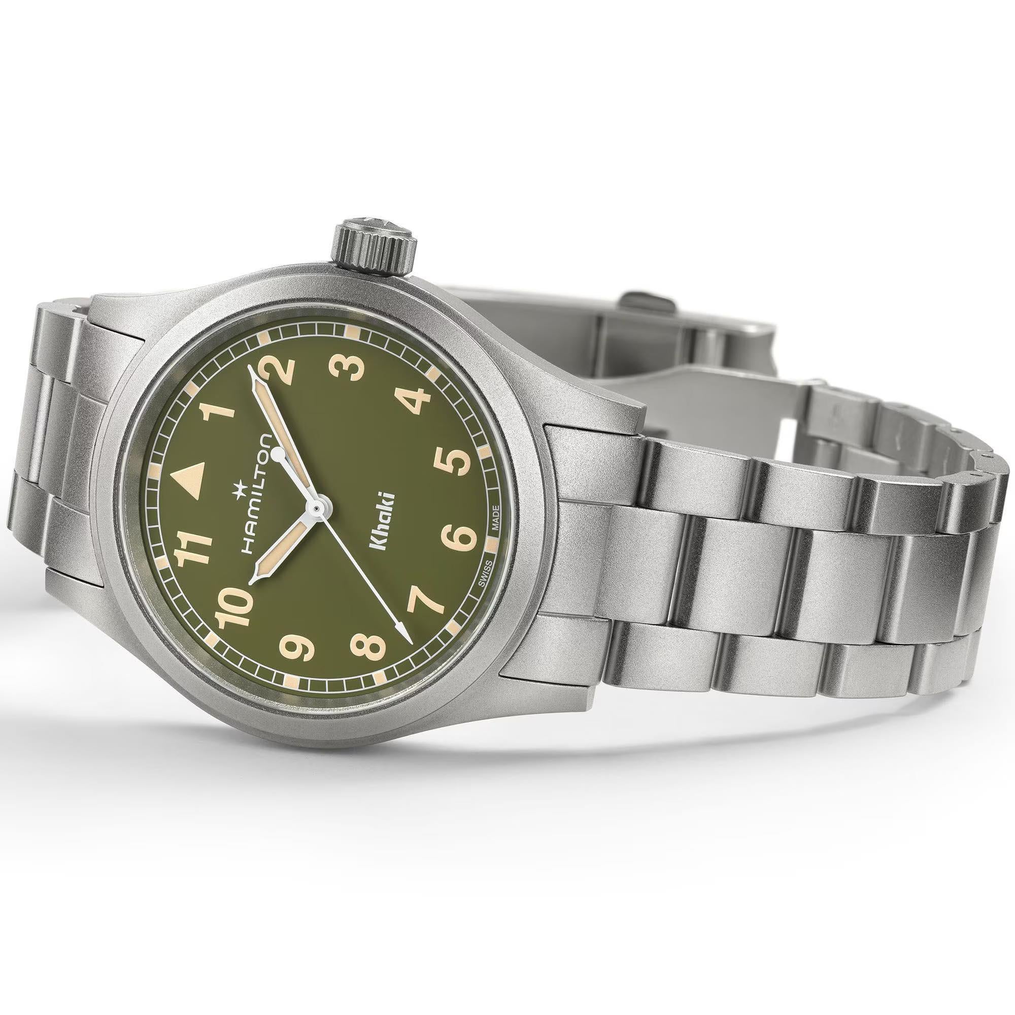 Hamilton Khaki Field 38mm Green Dial Quartz watch with white background