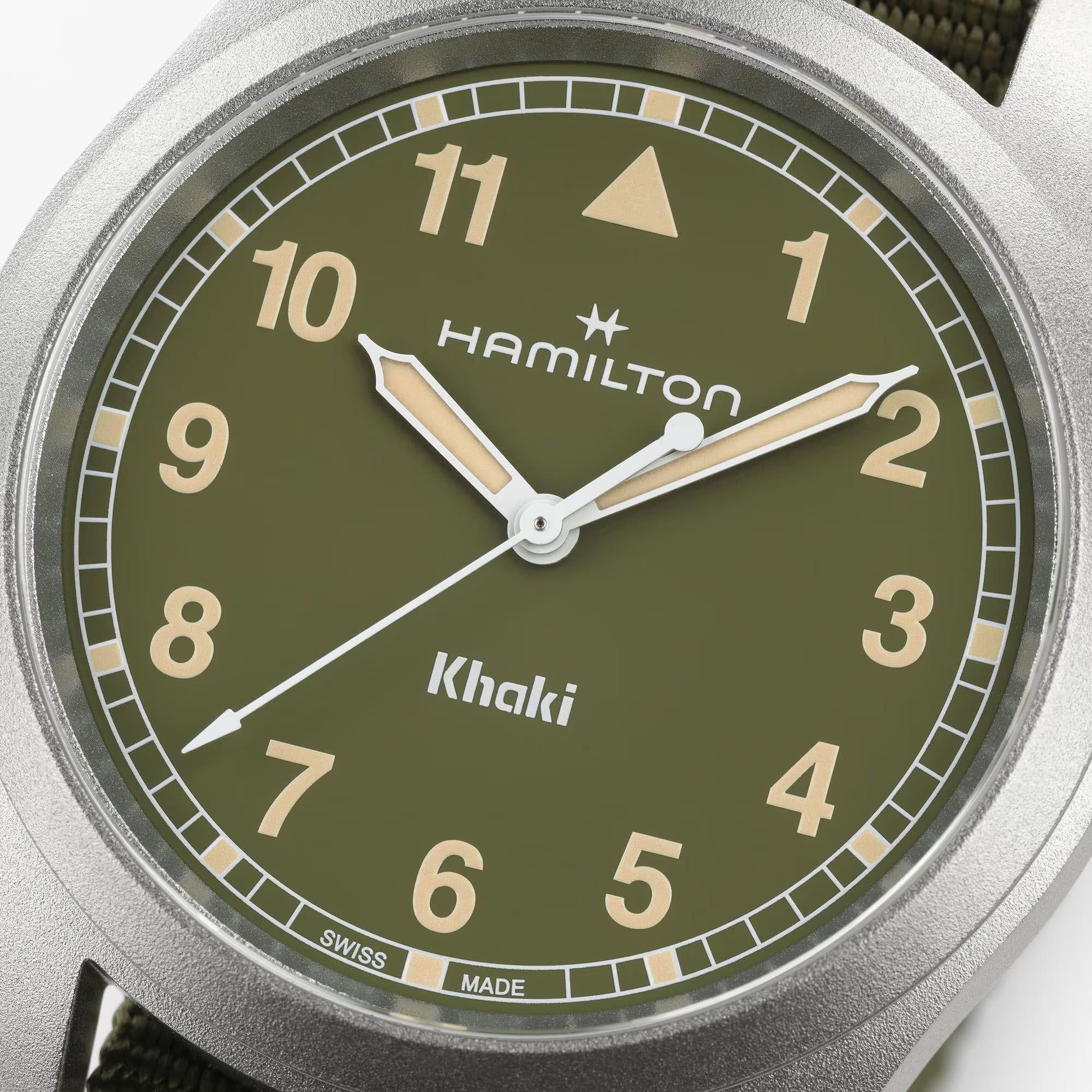 Hamilton Khaki Field H69401960 green dial with Arabic numerals and minute track close-up