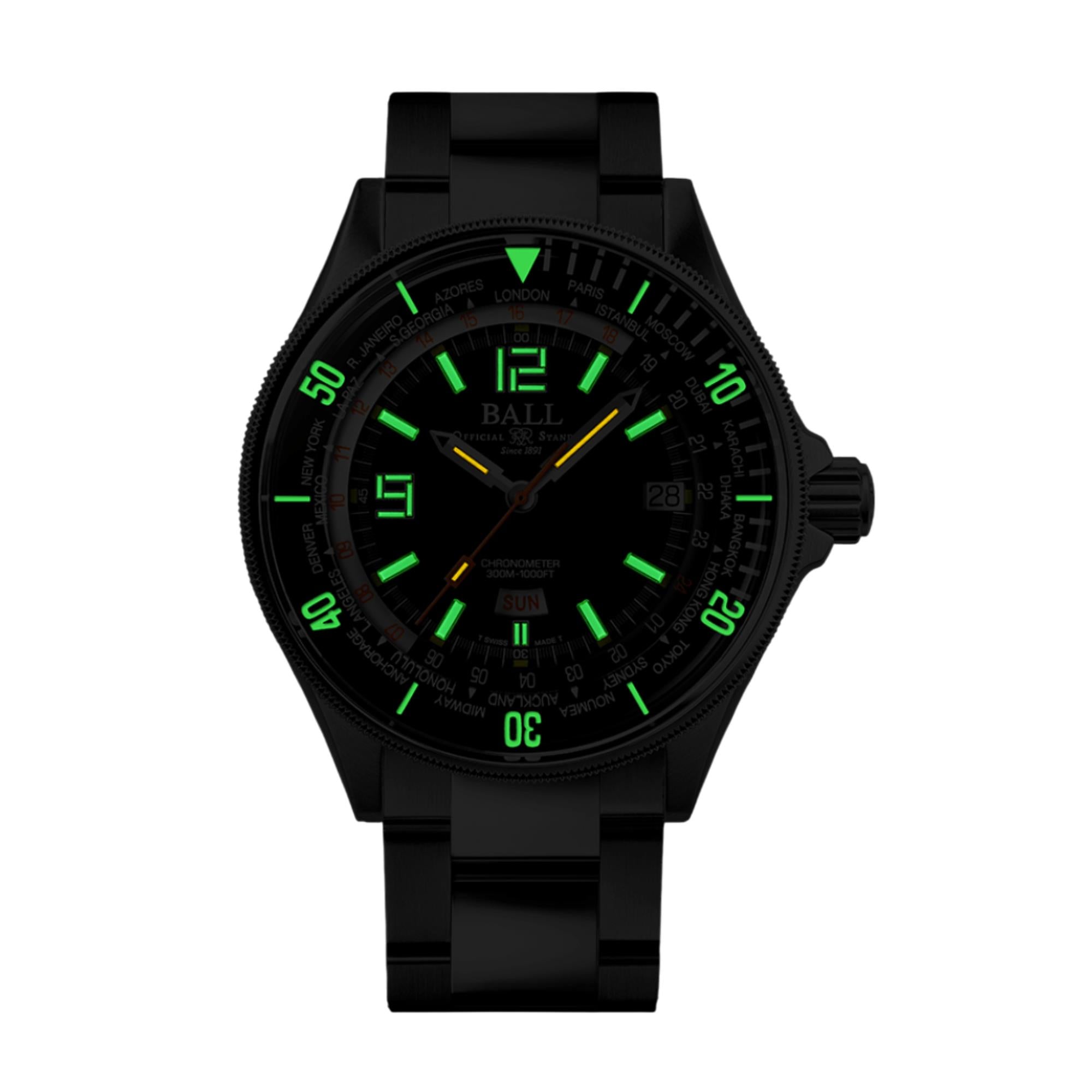 BALL Diver Worldtime Automatik Schwarzes Zifferblatt Silbernes Edelstahlarmband Herren Uhr DG2232A-SC-BK