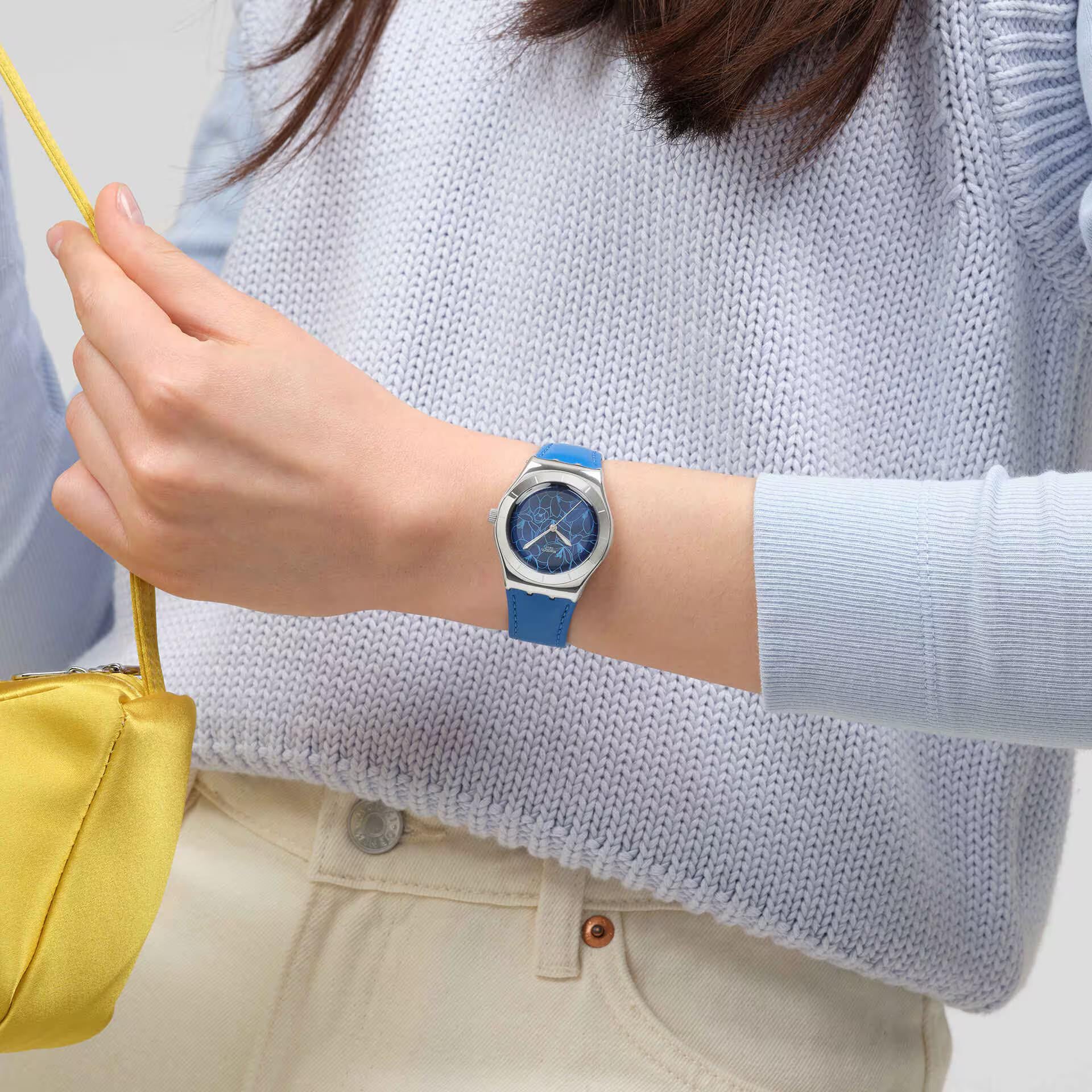 Swatch Blue Petal Promise Blue Dial Leather Strap Watch YLS235