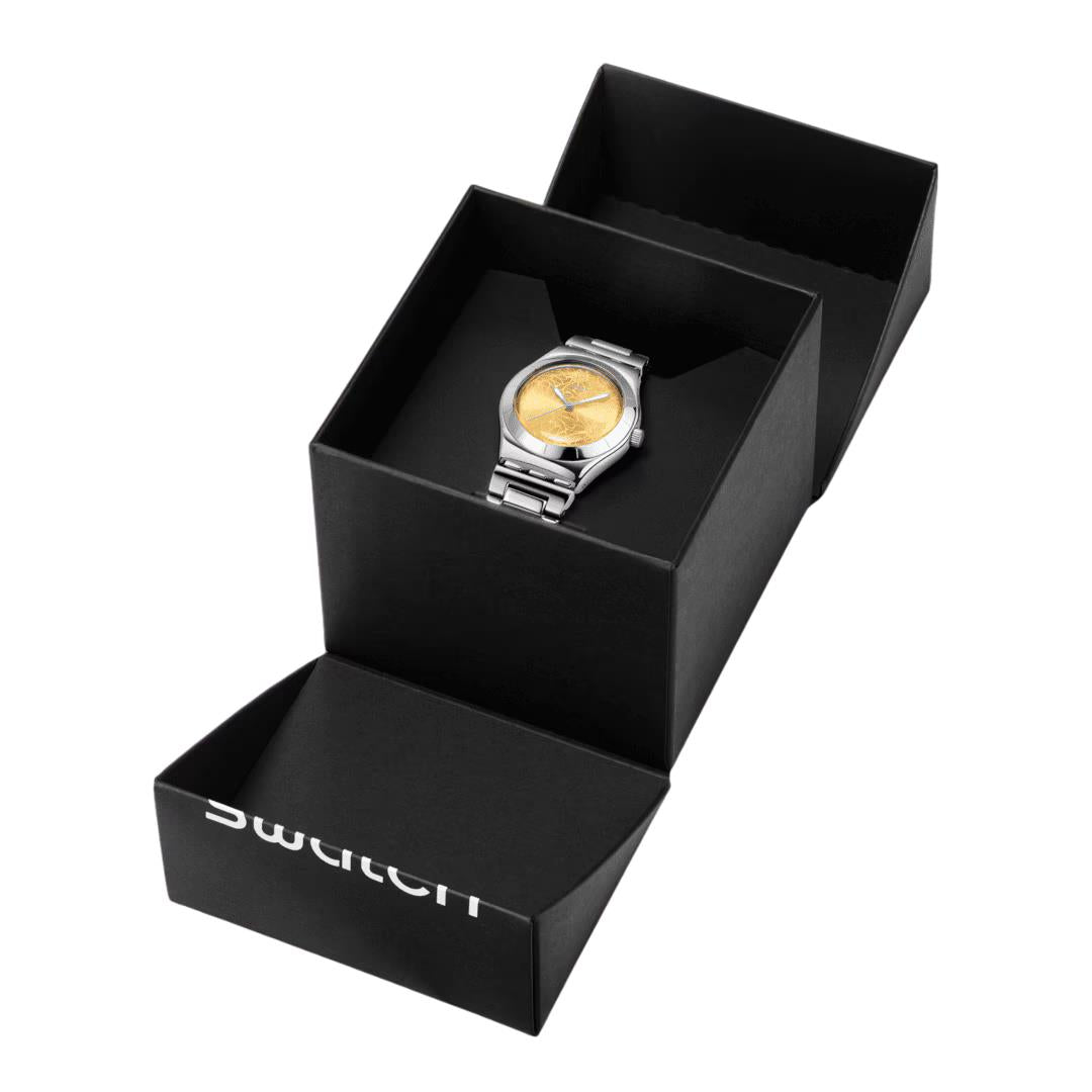 Swatch Petal Swirl Yellow Dial Steel Strap Watch YLS236G