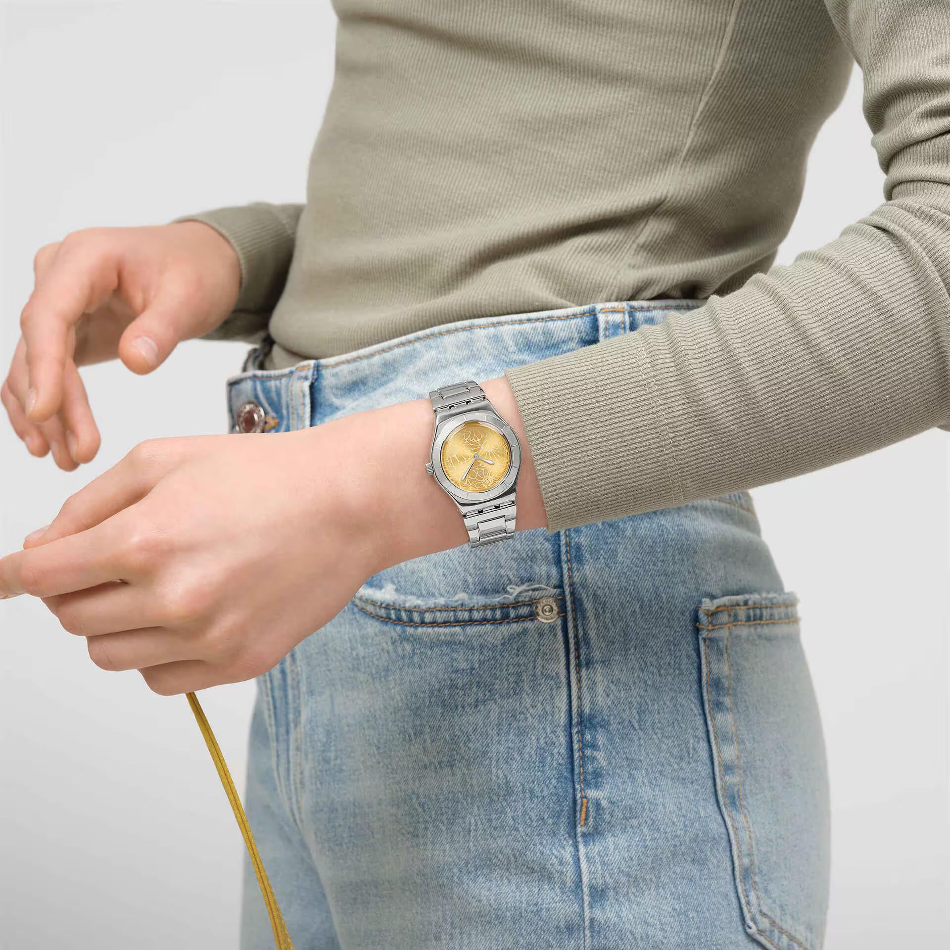 Swatch Petal Swirl Yellow Dial Steel Strap Watch YLS236G