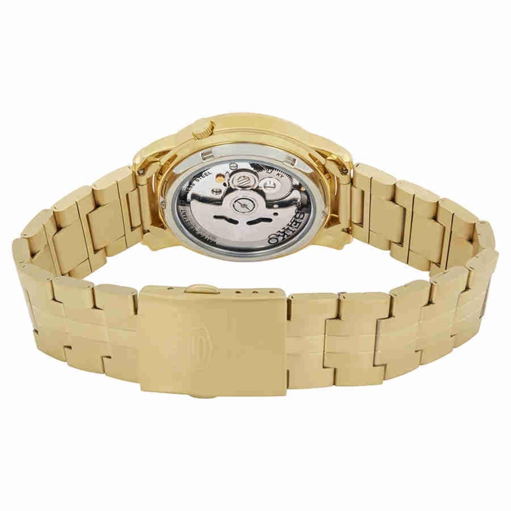Seiko 5 SNKK74K1 stainless steel case and exhibition caseback side profile