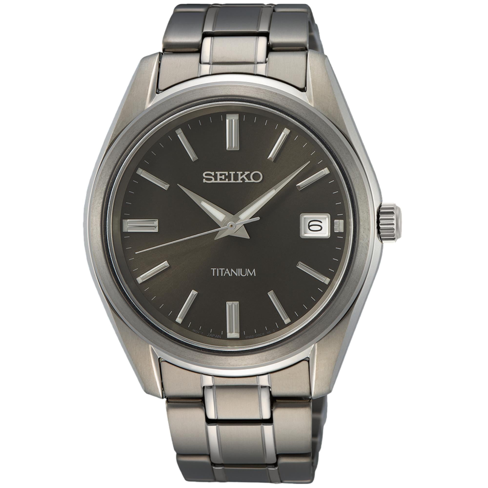 Seiko Essentials black sunray dial titanium bracelet men's watch SUR375P1 front view