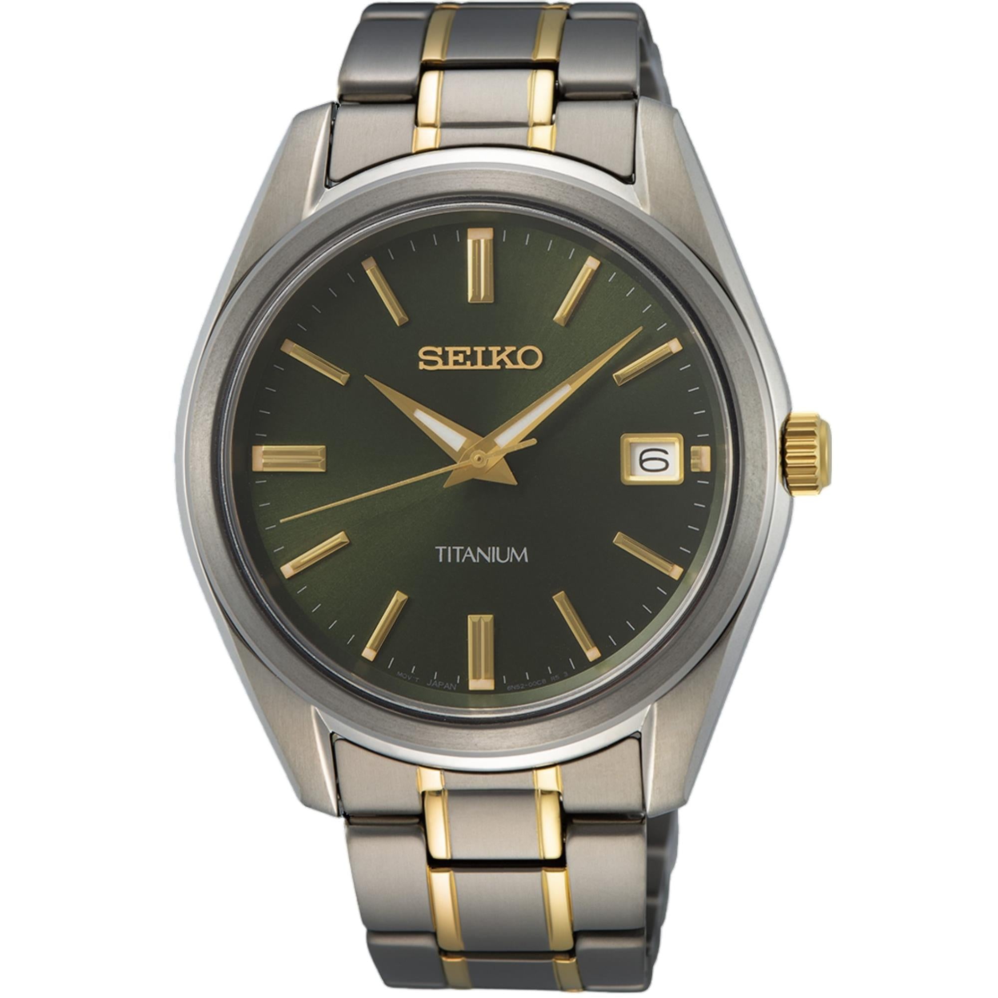 Seiko Essentials 40mm Grünes Zifferblatt Zwei-Ton Titan Herren Quarz Uhr SUR377P1