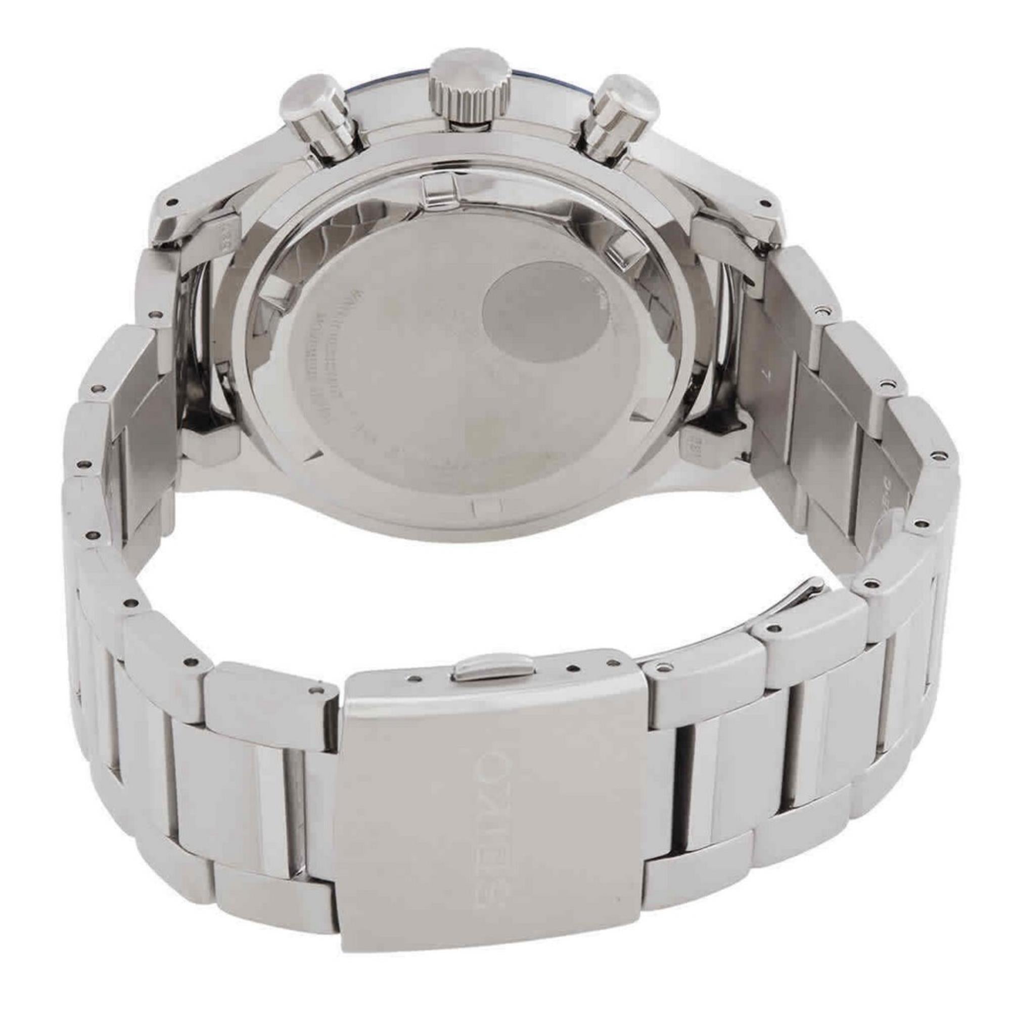 Full rear view of Seiko SSB445P1 chronograph showing caseback and stainless steel bracelet