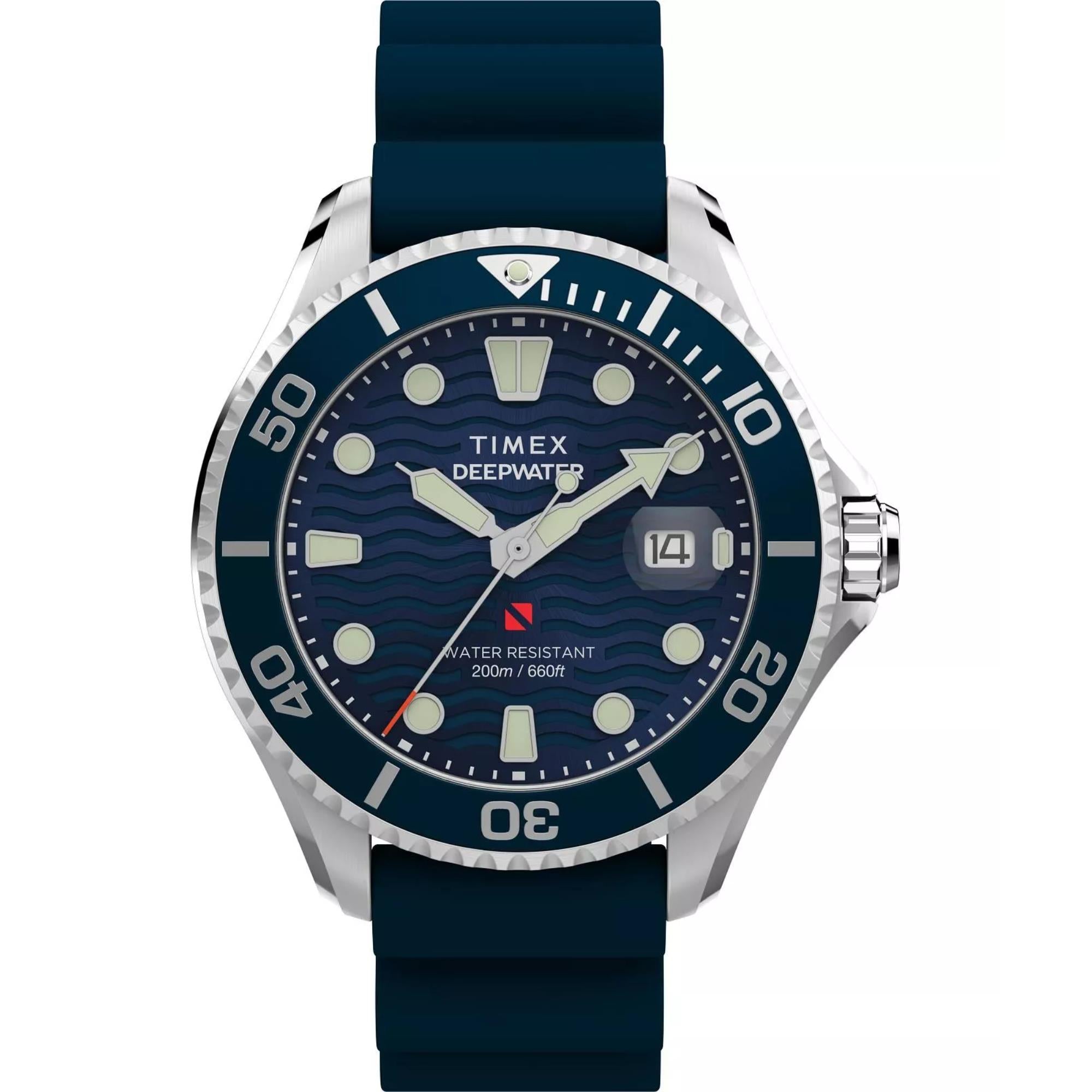 Timex Deep Water 44mm Blaues Zifferblatt Gummi Herren Quarz Uhr TW2W81500